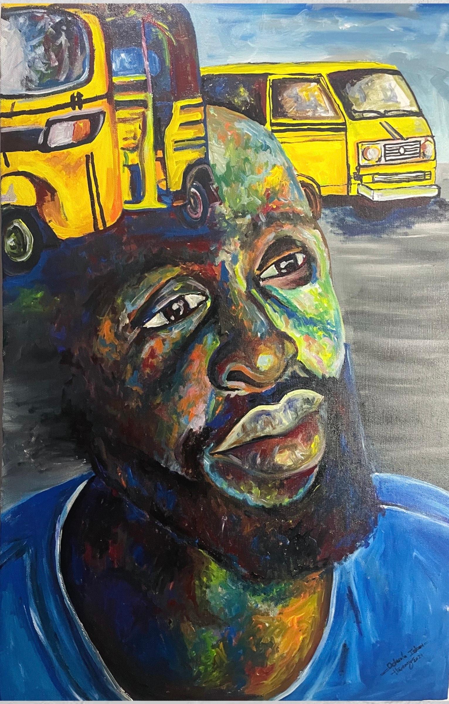 Odesola Idowu Figurative Painting – Überleben - 21. Jahrhundert, Zeitgenössisch, Figuratives Porträt, Männer, Bus