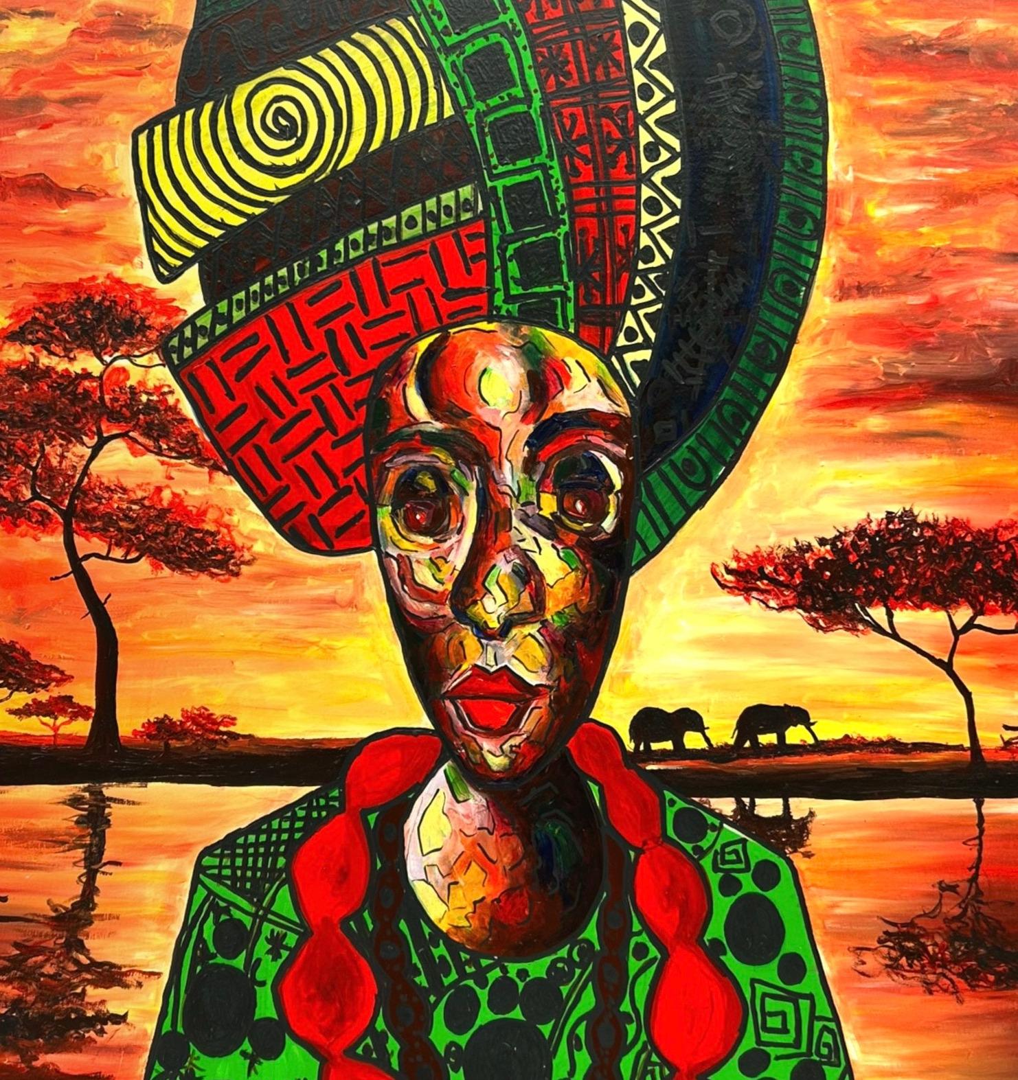 Dieses Gemälde ist eine Feier des Erbes, der Widerstandsfähigkeit und der Schönheit. Die zentrale Figur, die mit einer kunstvollen Krone aus Mustern und Texturen geschmückt ist, wird zu einem lebendigen Emblem der Kultur selbst. Ihre Anwesenheit ist