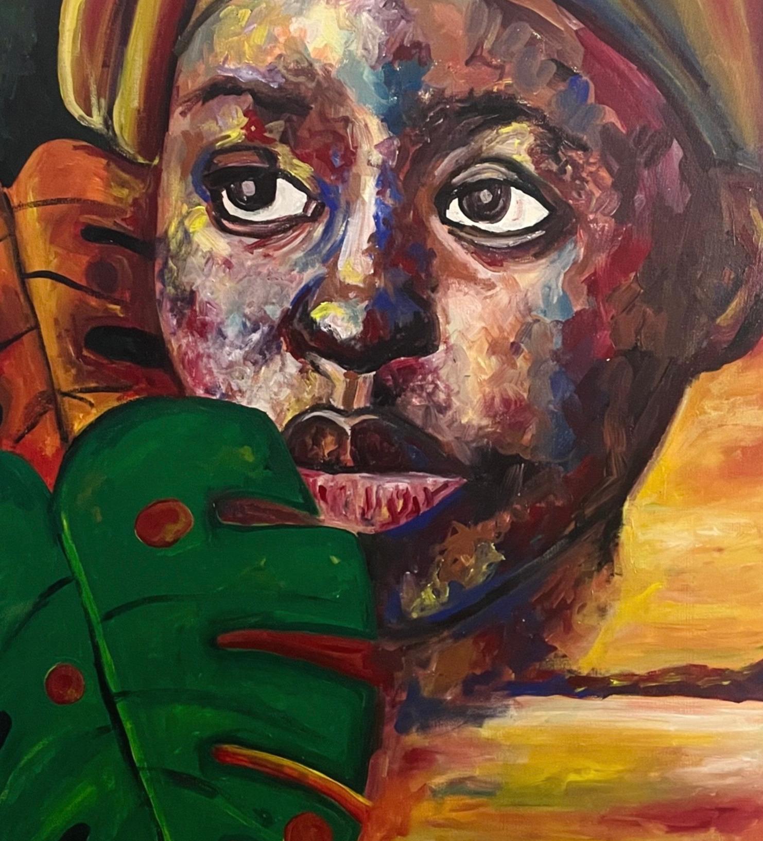 Reflection 1 - 21. Jahrhundert, Zeitgenössisch, Figuratives Porträt, Frauen, Pflanze (Schwarz), Portrait Painting, von Odesola Idowu