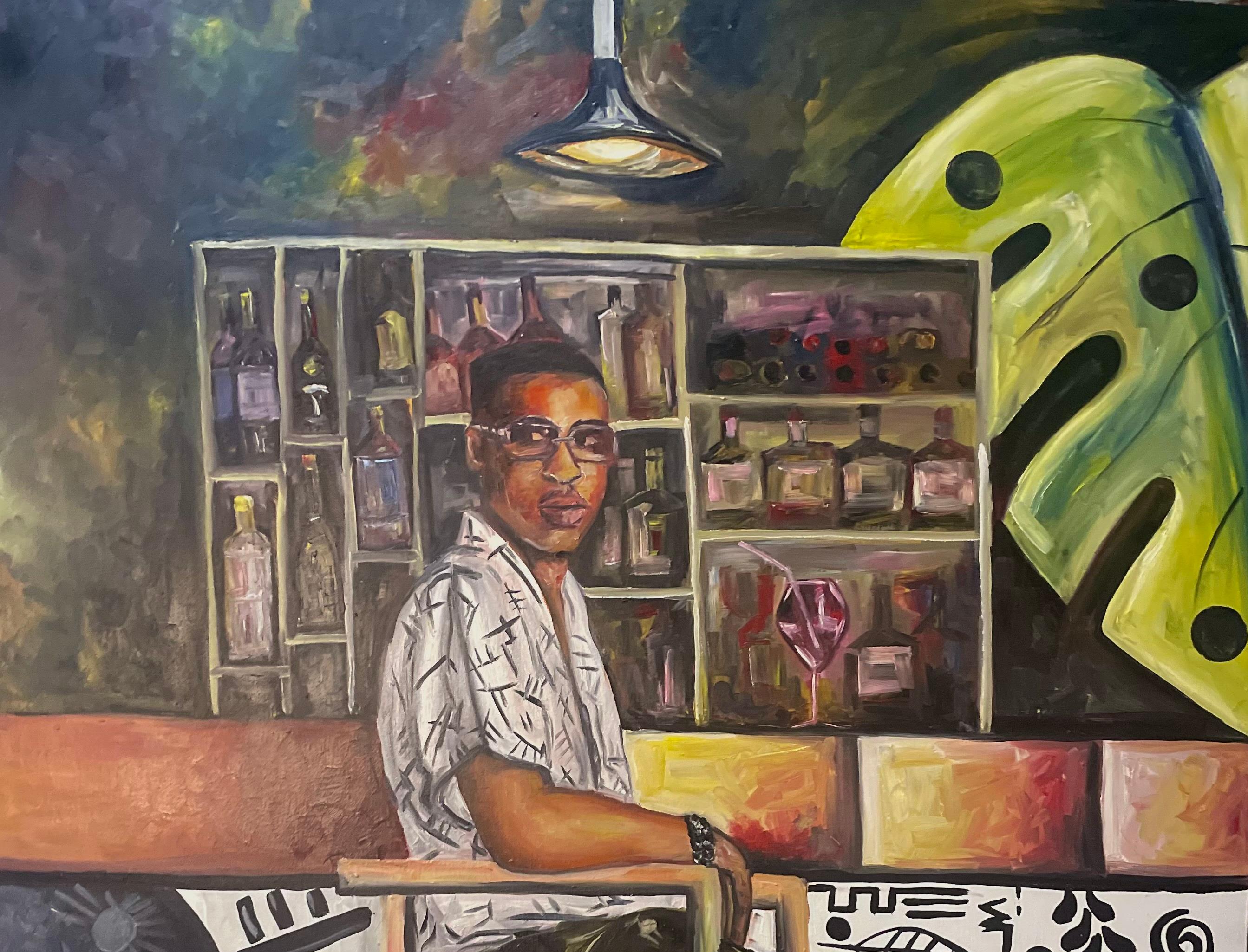 Reflection at the Bar -21st Century, Contemporary, Figurative, Men Entertainment - Painting by Odesola Idowu