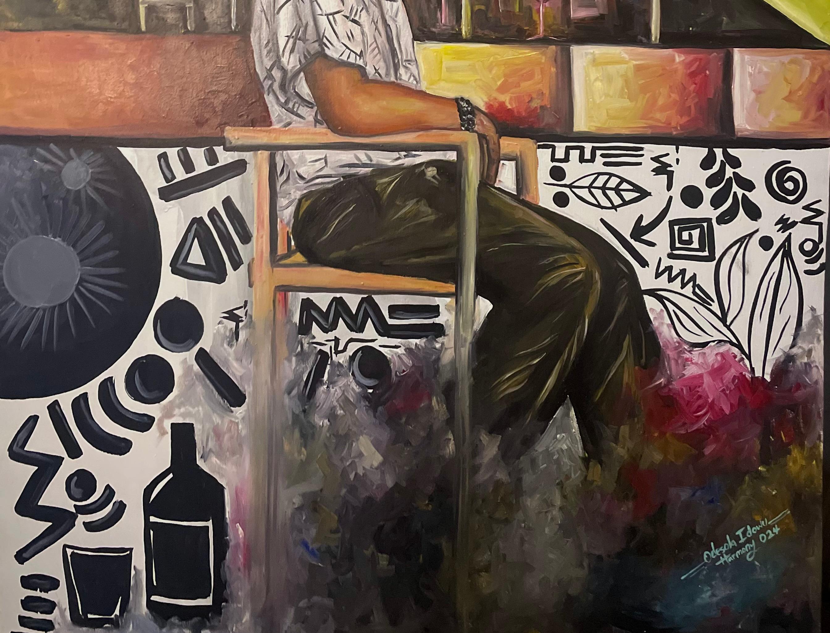 Reflection at the Bar -21st Century, Contemporary, Figurative, Men Entertainment - Black Figurative Painting by Odesola Idowu