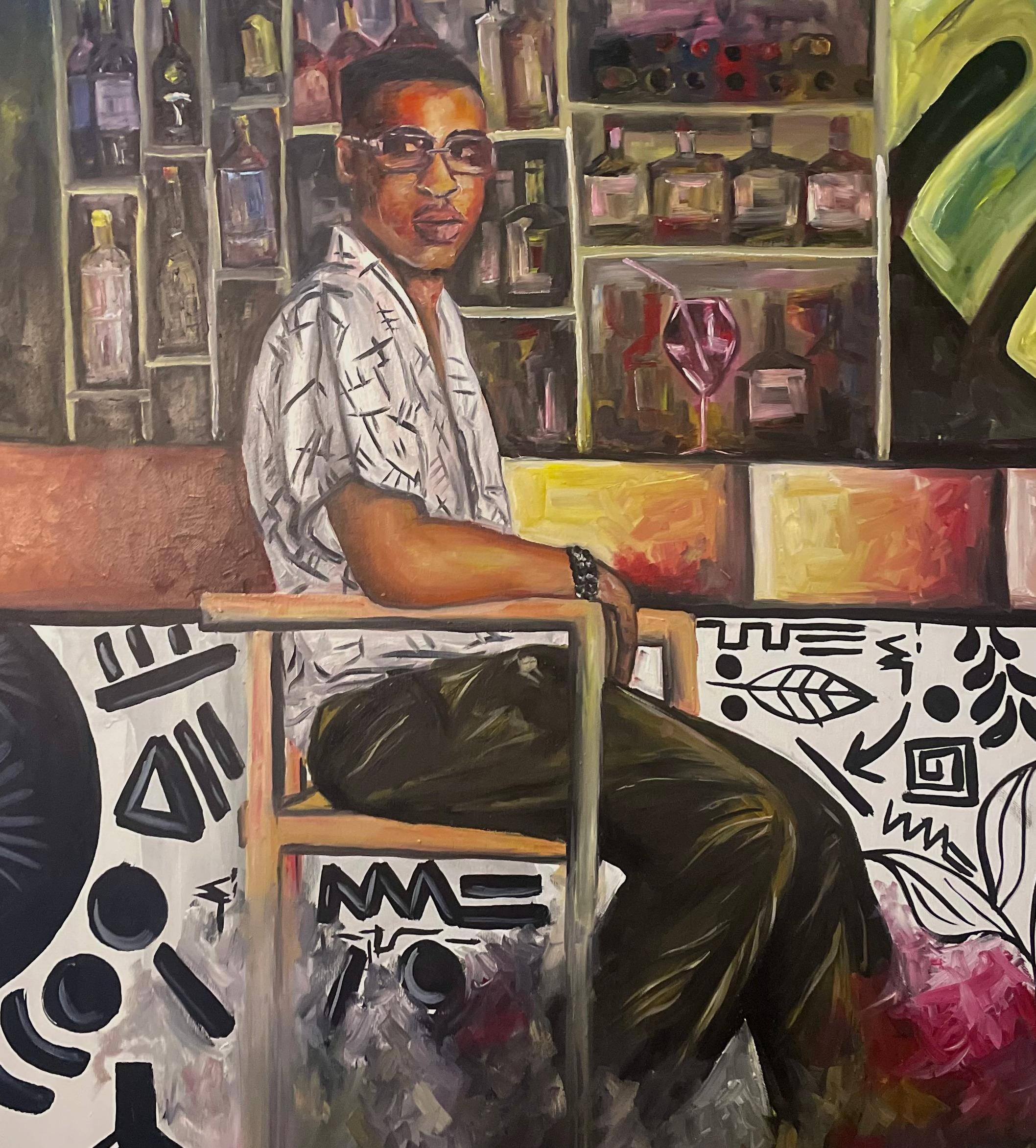 Amid the vibrant energy of the bar—a space where stories are exchanged and lives intersect—the figure sits in quiet contemplation. Surrounded by patterns hinting at cultural roots and abstract emotions, this moment juxtaposes stillness and chaos.