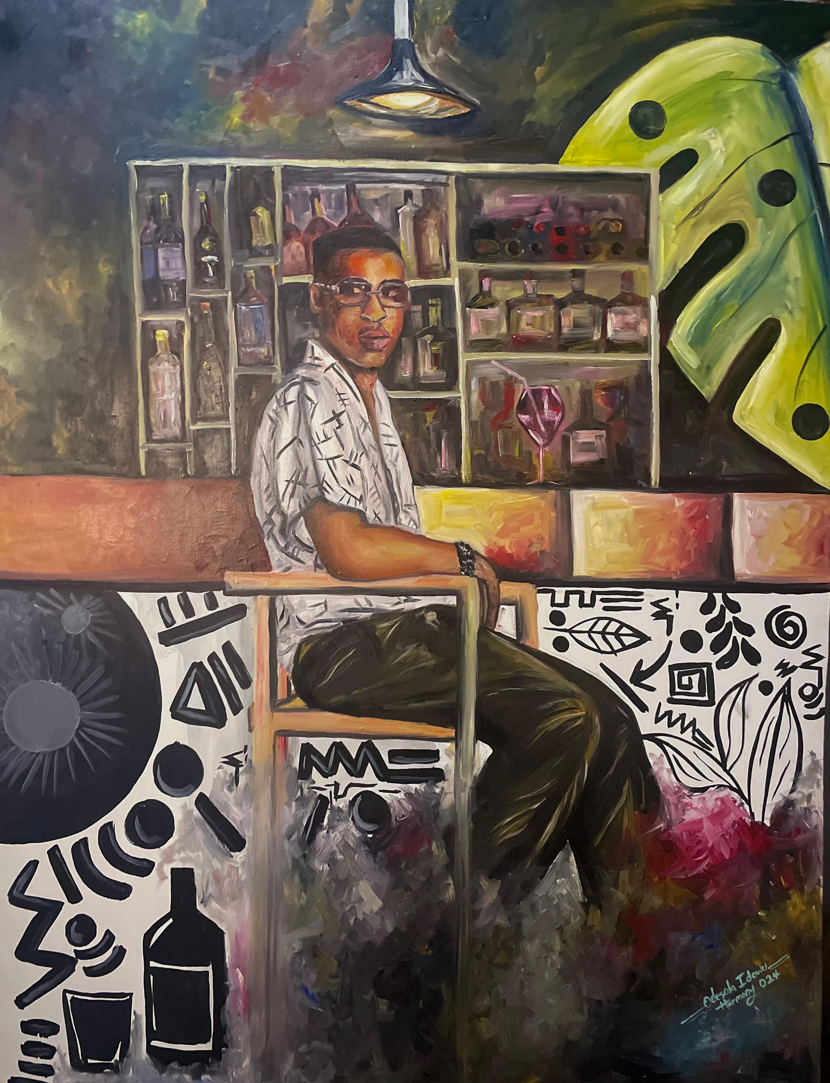 Odesola Idowu Figurative Painting - Reflection at the Bar -21st Century, Contemporary, Figurative, Men Entertainment