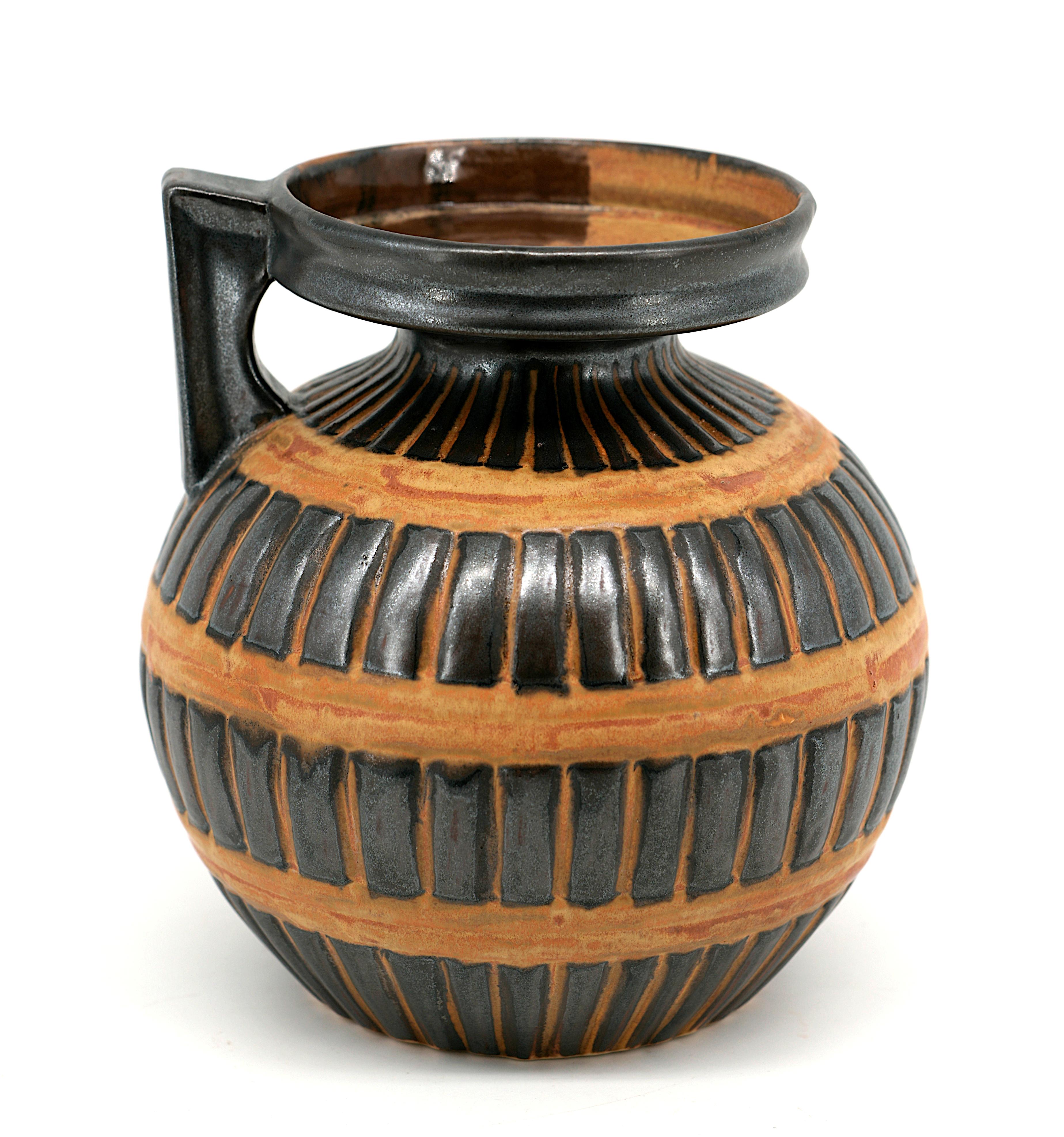 A stunning French Art Deco stoneware vase by the renowned René Beauclair (1877-1960), produced at ODETTA, Faïencerie de la Grande Maison HB Quimper, France, ca.1920. The vase features the distinctive Shape #512 and is decorated with the rare and