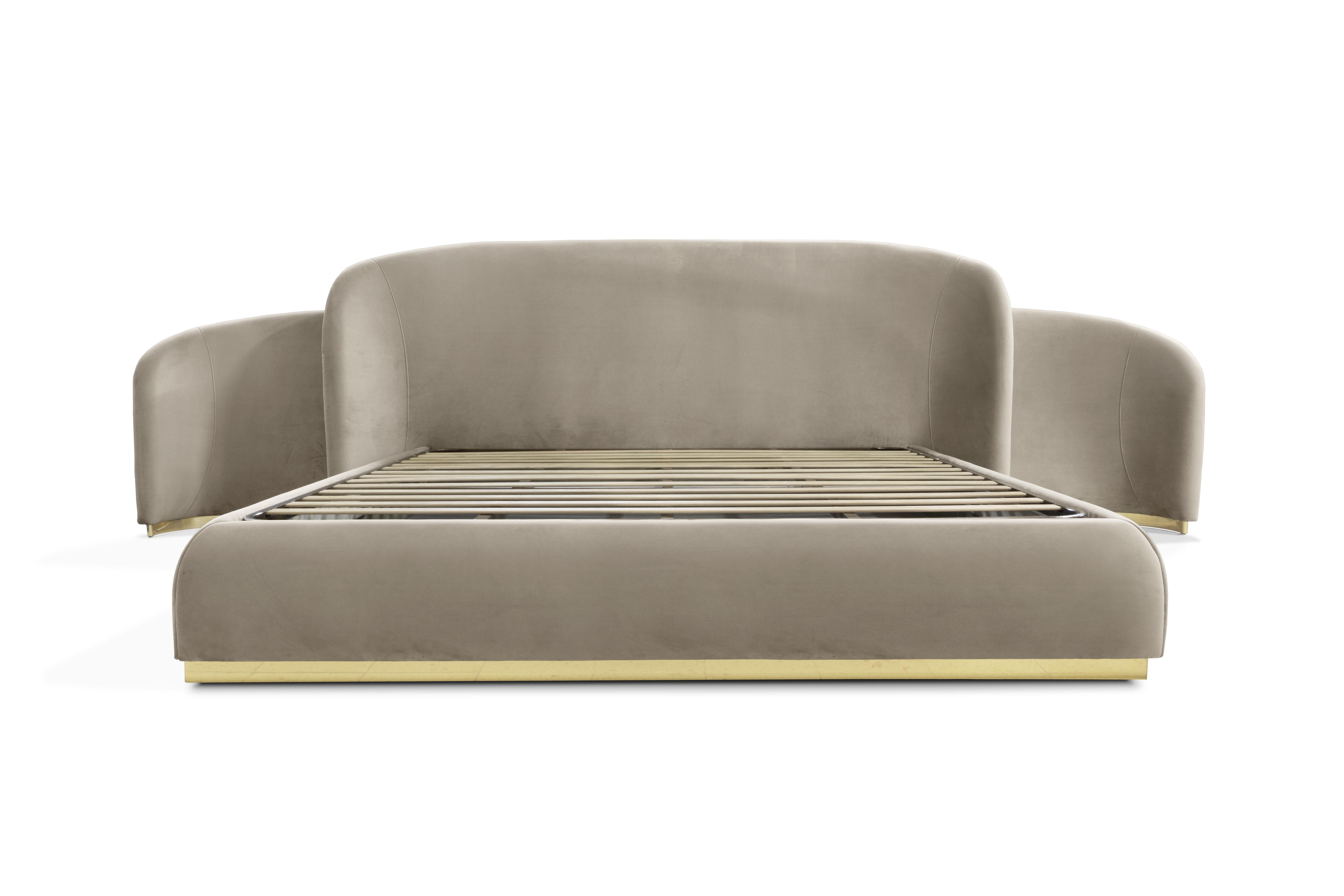 Portuguese Odette Bed - Hand Polished Hammered Brass Wood & Upholstery - Boca do Lobo For Sale