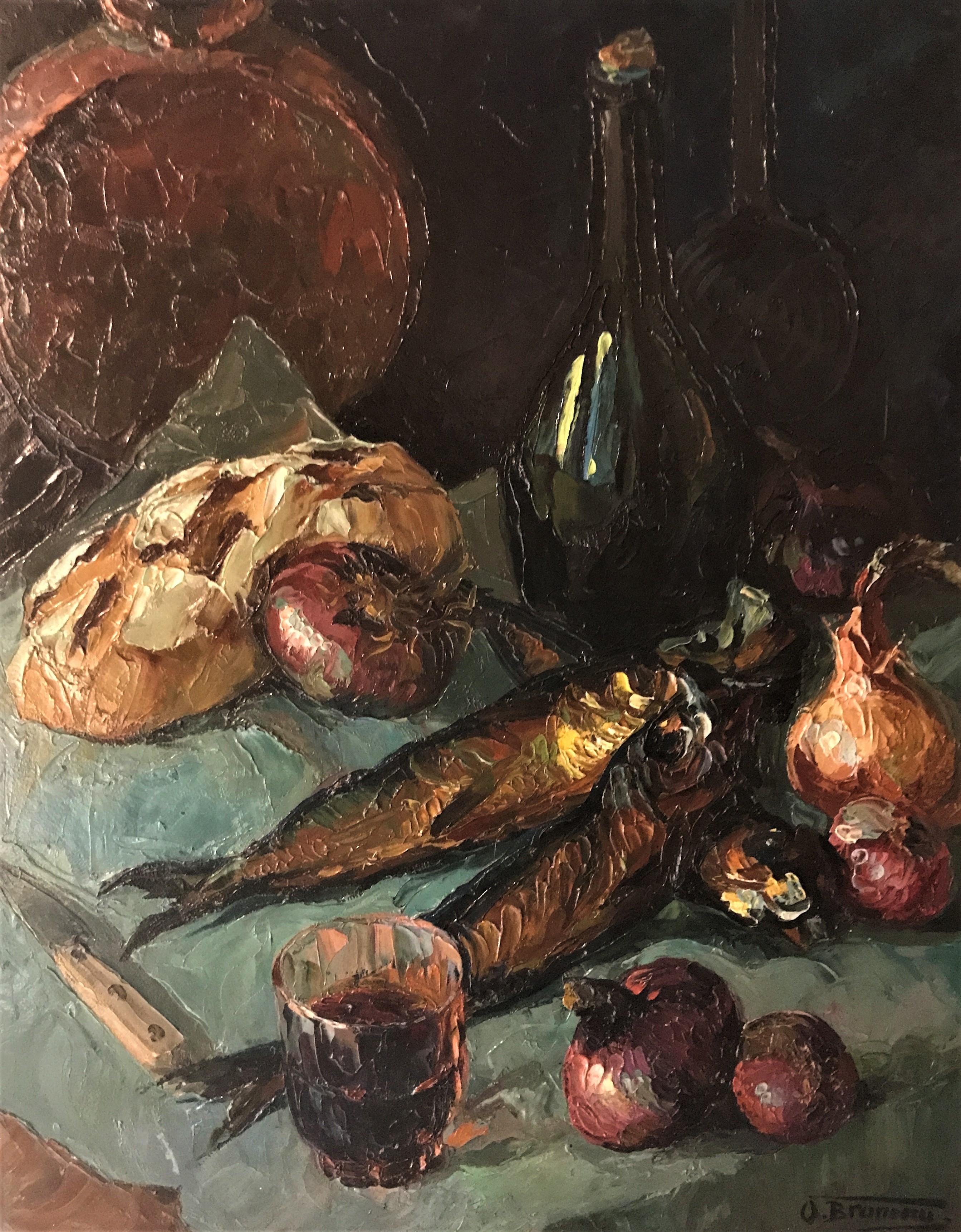 Still-Life Painting Odette Bruneau - Nature morte, huile sur toile originale, XXe siècle