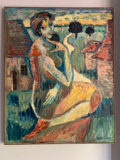 1950's French Expressionist Fauvist Portrait Nude Woman Landscape Signed Oil