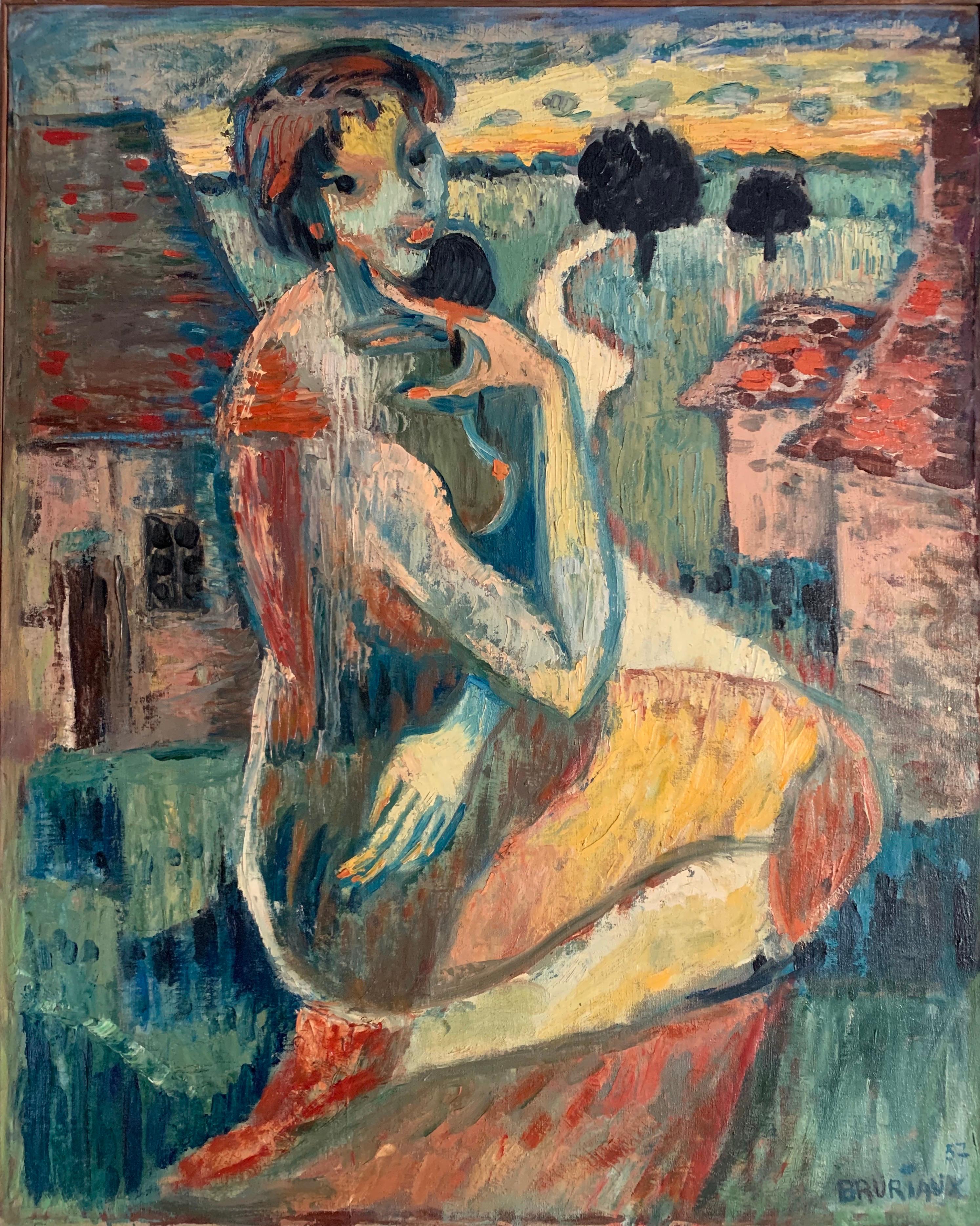 Odette Bruriaux Nude Painting - 1950's French Expressionist Fauvist Portrait Nude Woman Landscape Signed Oil