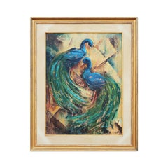 Teal and Blue Toned Abstract Modern Painting of Two Peacocks