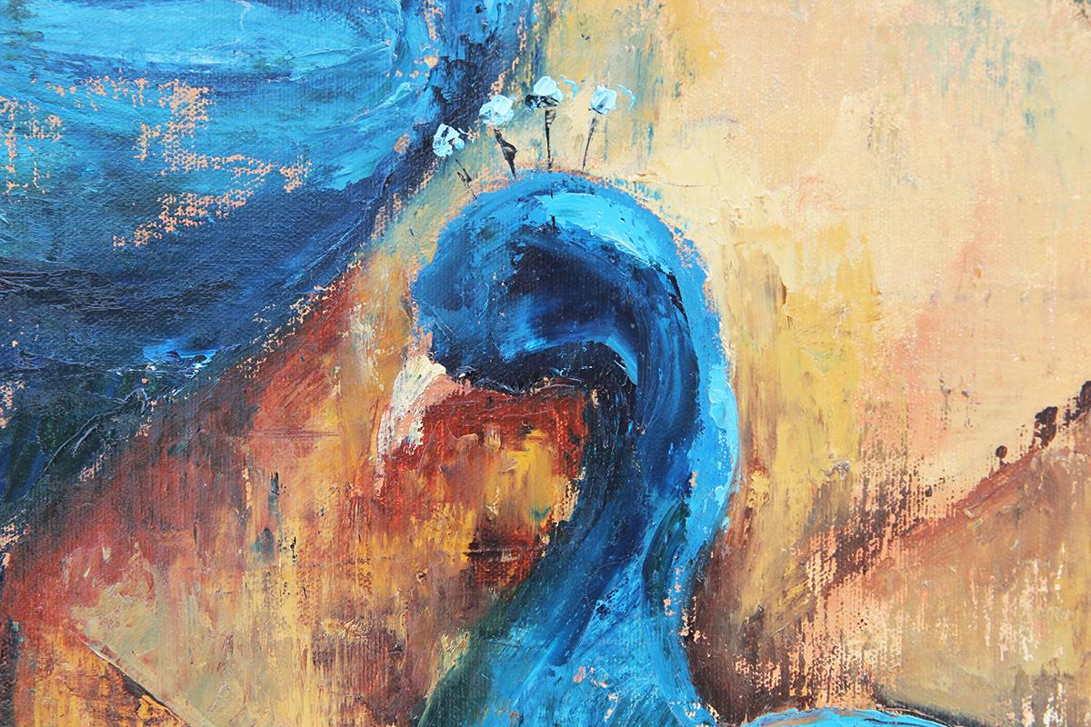 Blue and teal toned abstract modern acrylic painting of two peacocks with beautiful luscious feathered tail against a tan background with dark brown accents. Signed by artist at the bottom right. Painting has a linen matting and is framed in a gold