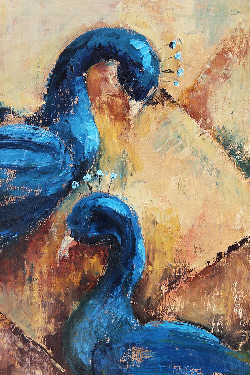 Teal and Blue Toned Abstract Modern Painting of Two Peacocks  1