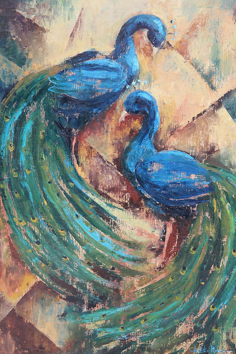 Teal and Blue Toned Abstract Modern Painting of Two Peacocks  2