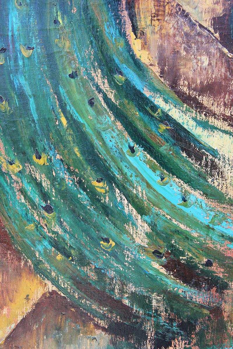 Teal and Blue Toned Abstract Modern Painting of Two Peacocks  5