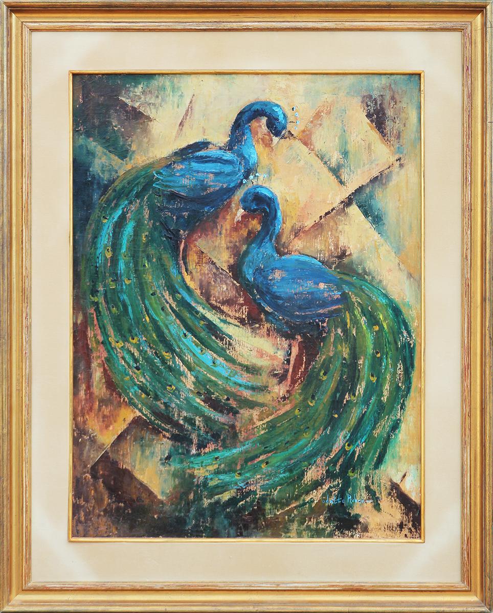Odette Ruben Animal Painting - Teal and Blue Toned Abstract Modern Painting of Two Peacocks 