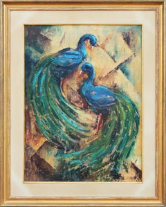 Teal and Blue Toned Abstract Modern Painting of Two Peacocks 