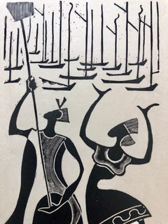 1945 Brazilian Master, Art Deco Nudes Serigraph Woodcut Carnaval Bahia