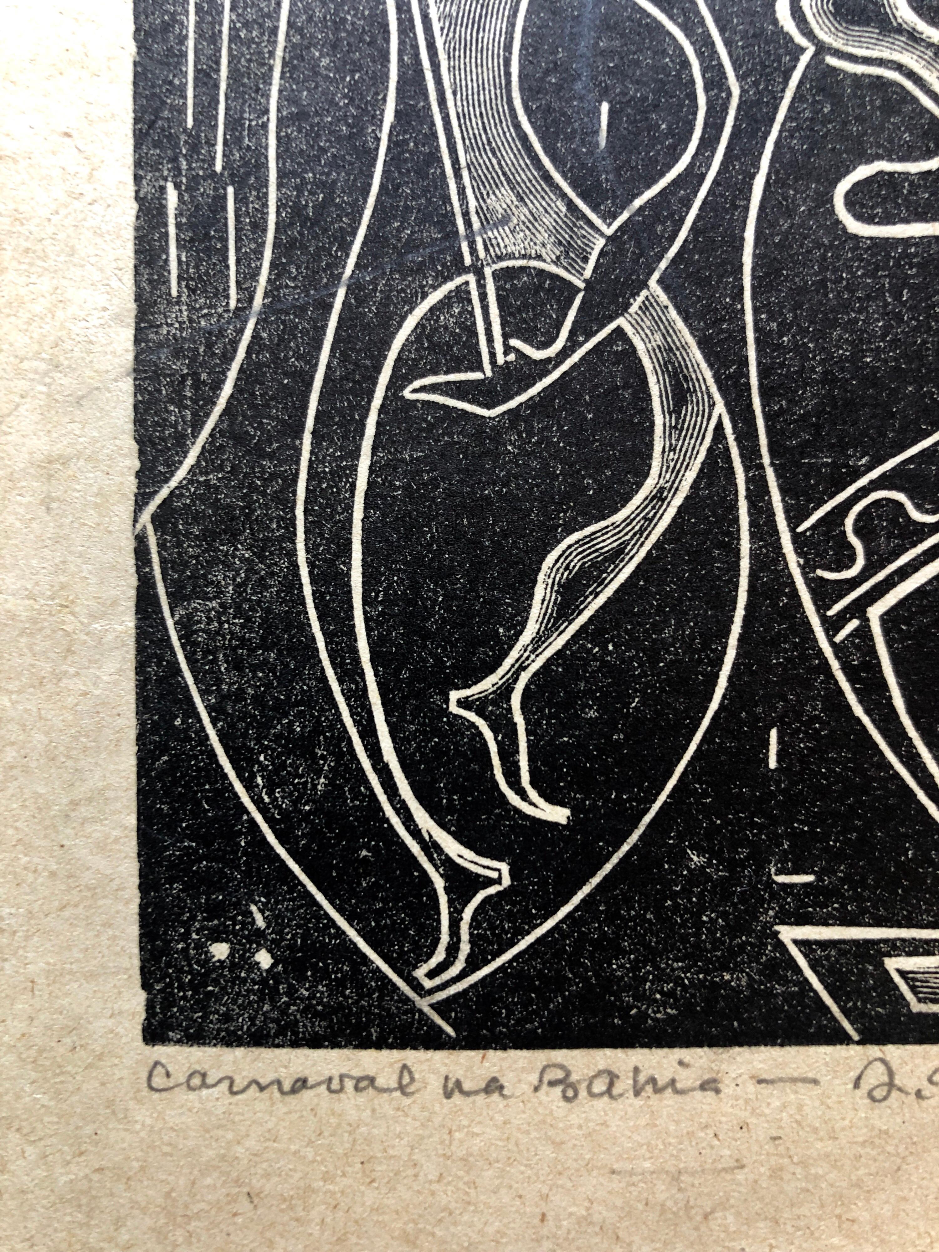 1945 Maestro brasiliano, Nudi Art Deco Serigrafia xilografica Carnaval Bahia - Print Art Déco di Odetto Guersoni