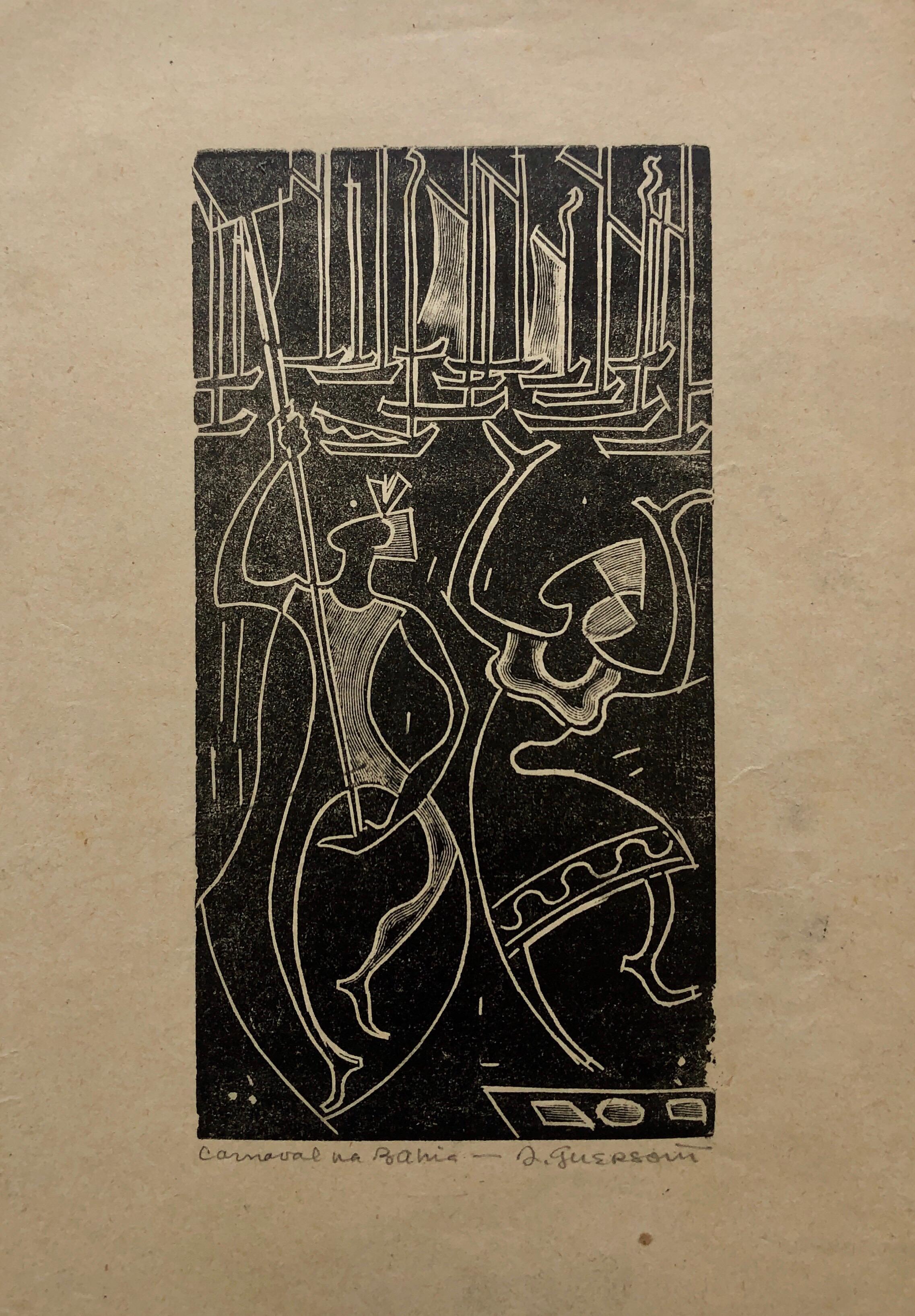 1945 Brasilianischer Meister, Art-Déco-Akte Serigraph Holzschnitt Karneval Bahia (Schwarz), Nude Print, von Odetto Guersoni