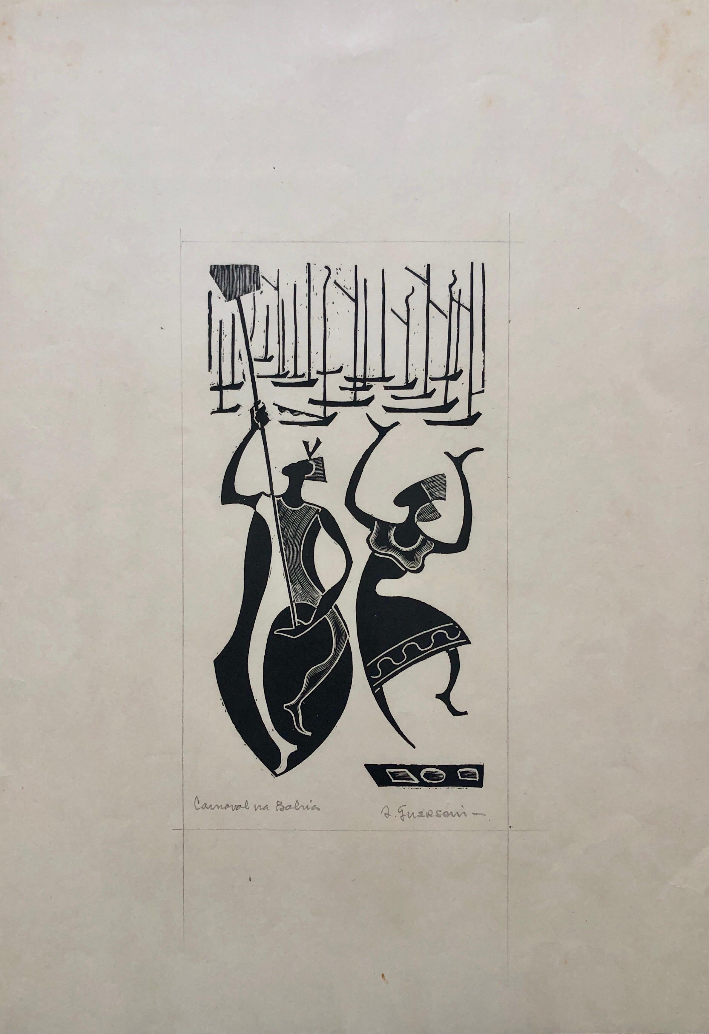 1945 Brazilianischer Meister, Art-Déco-Akte- Serigraphie-Holzschnitt Carnaval Bahia, Holzschnitt im Angebot 1