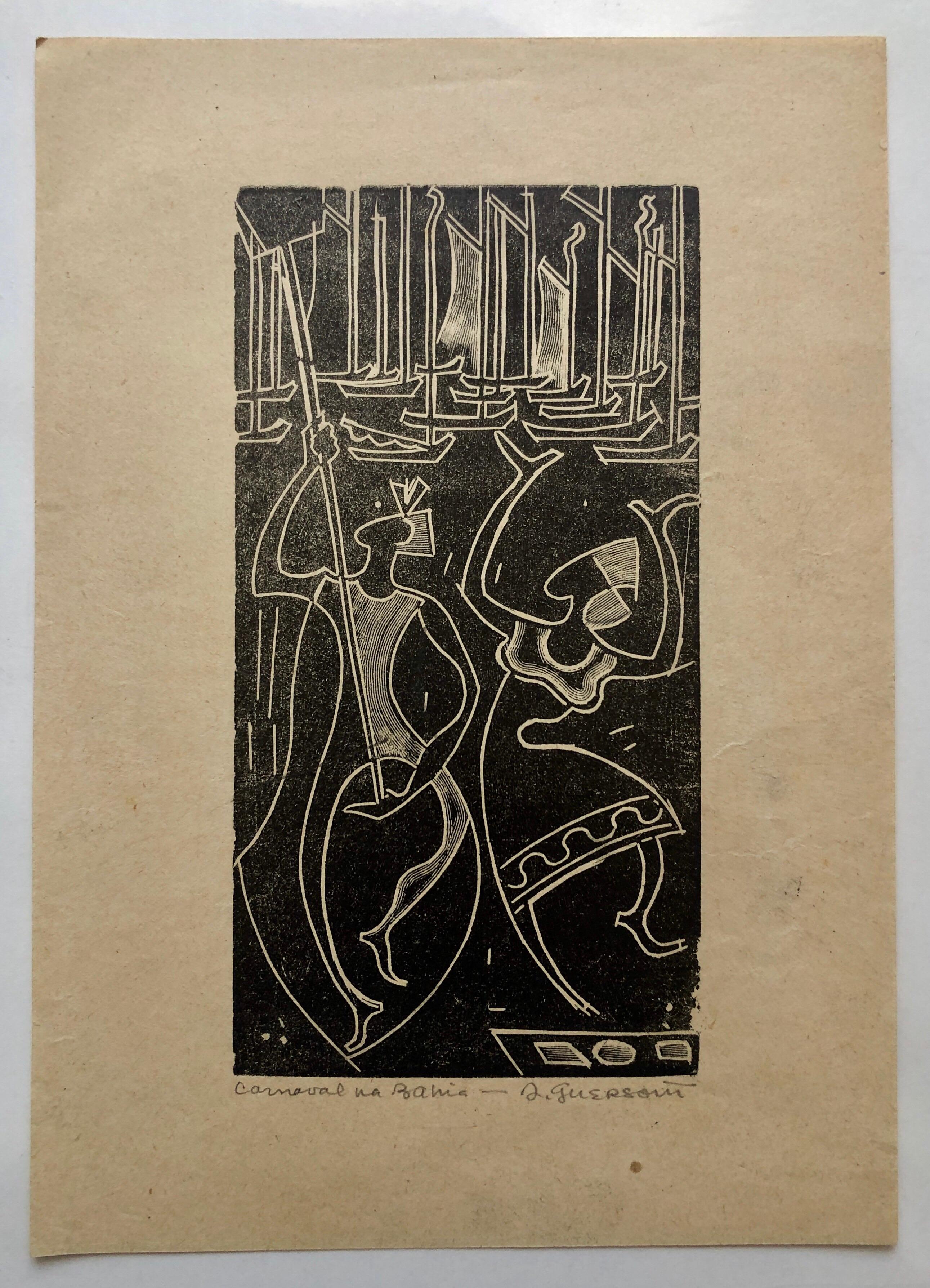 1945 Brazilianischer Meister, Art-Déco-Akte- Serigraphie-Holzschnitt Carnaval Bahia, Holzschnitt im Angebot 1