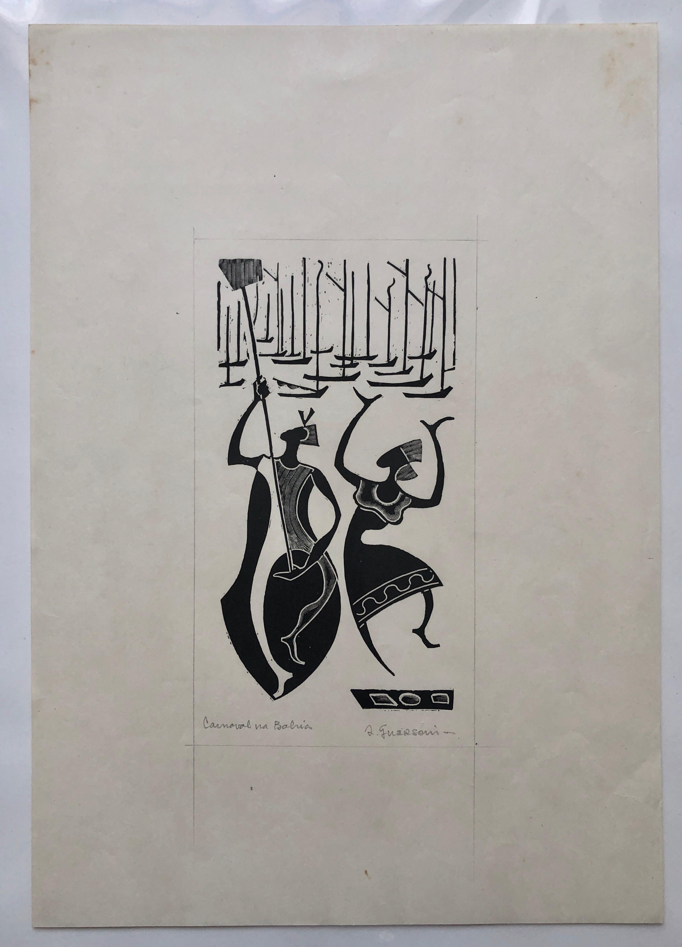 1945 Brazilianischer Meister, Art-Déco-Akte- Serigraphie-Holzschnitt Carnaval Bahia, Holzschnitt 1