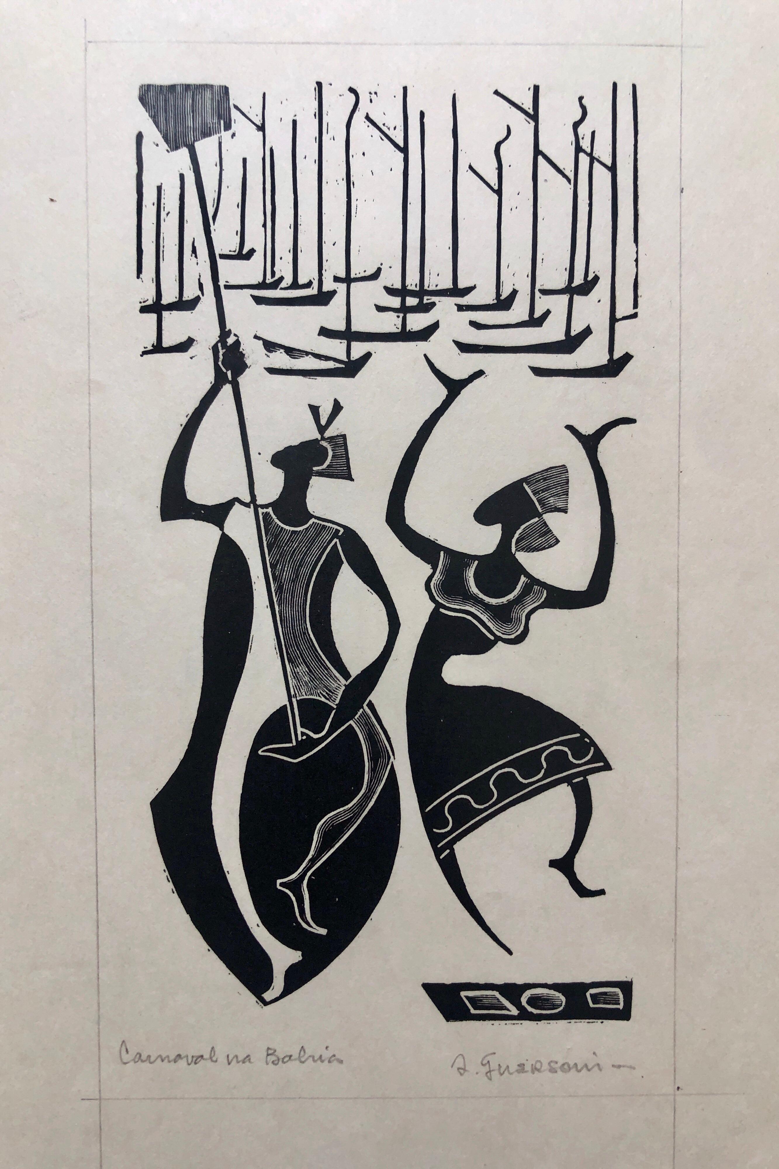 Odetto Guersoni Figurative Print – 1945 Brazilianischer Meister, Art-Déco-Akte- Serigraphie-Holzschnitt Carnaval Bahia, Holzschnitt