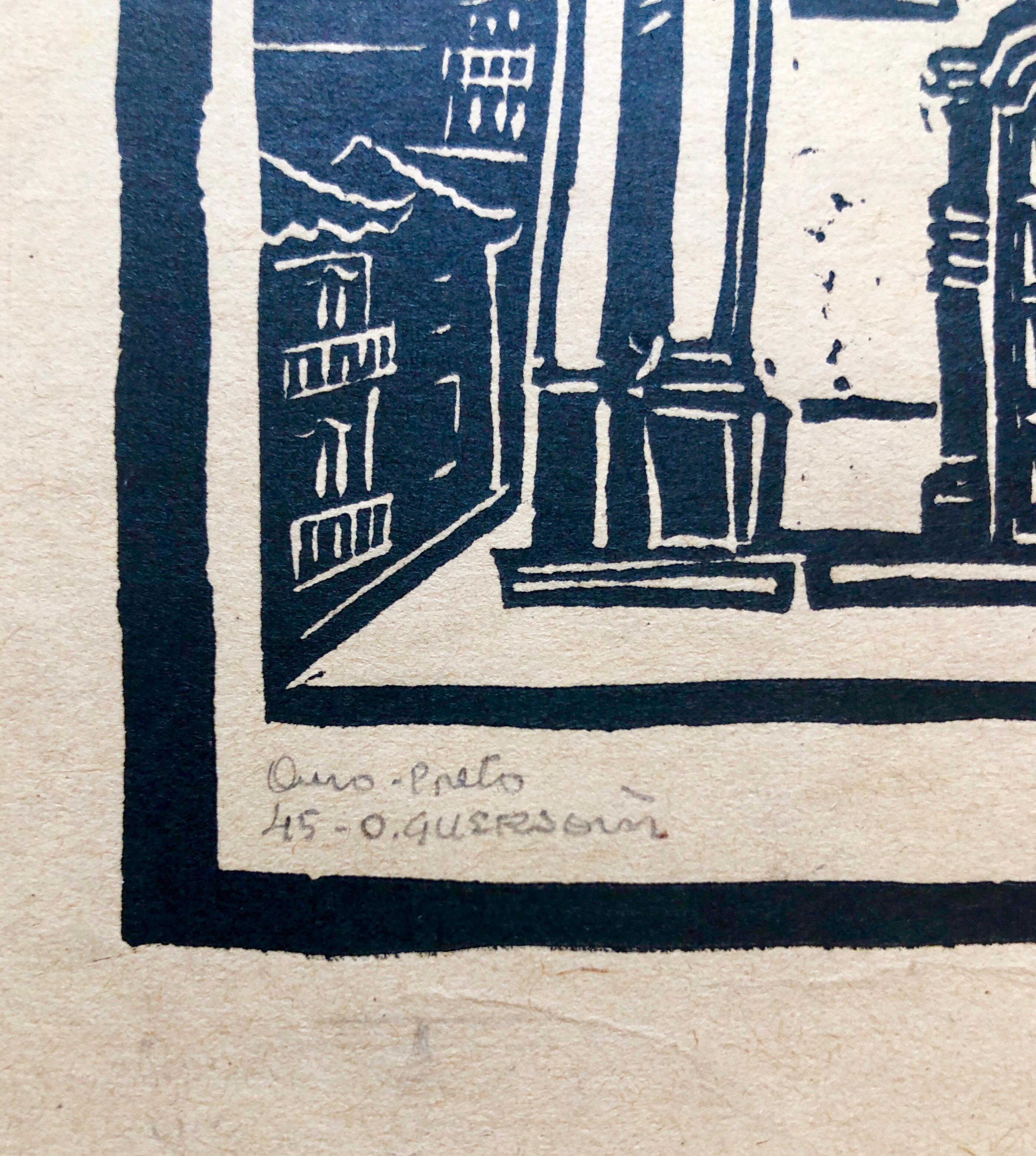 1945 Brasilianischer Meister, Art-déco- Serigraphie Holzschnitt Kolonialarchitektur Mission – Print von Odetto Guersoni