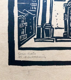 1945 Brazilian Master, Art Deco Serigraph Woodcut Colonial Architecture Mission