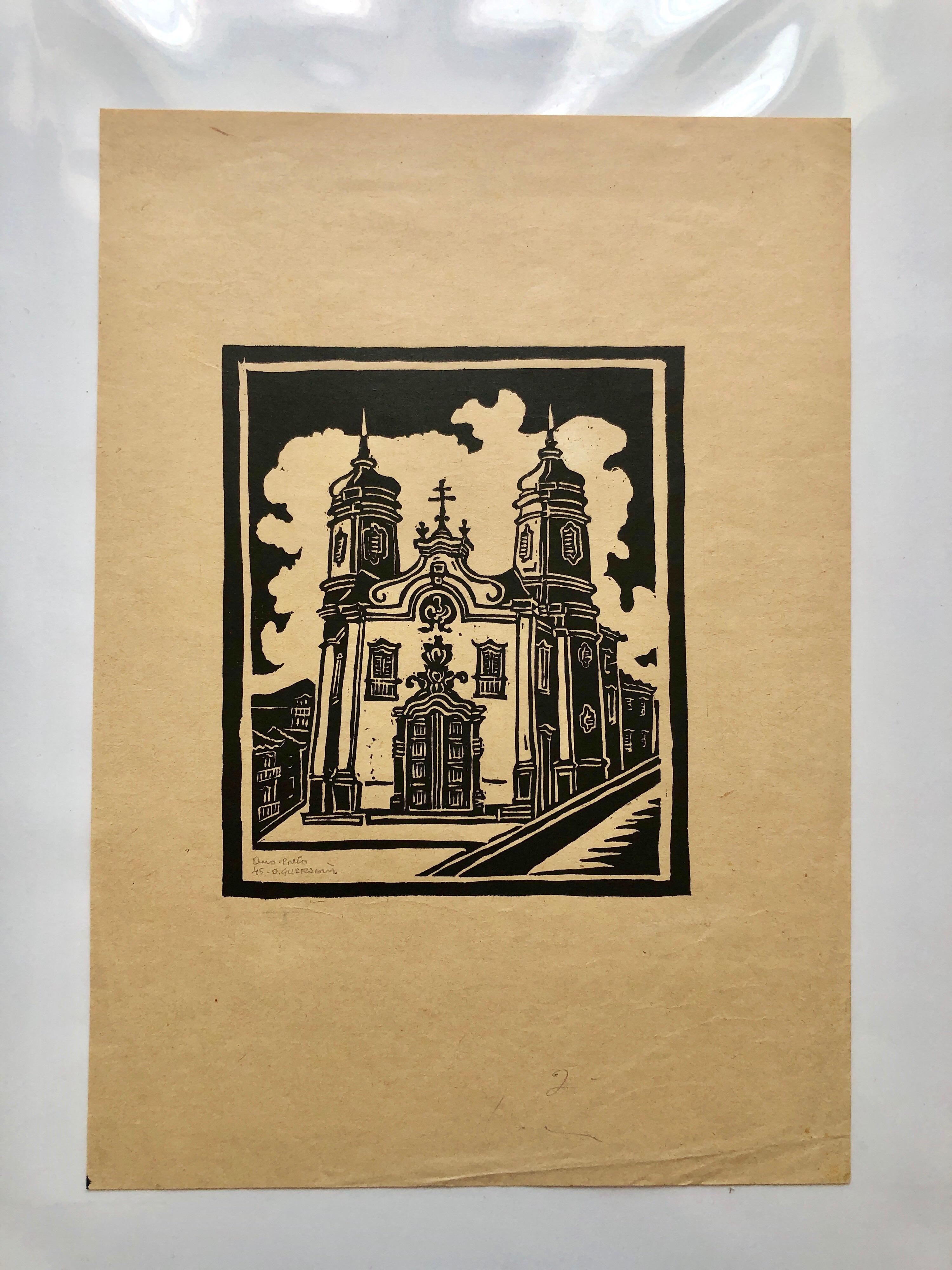 1945 brasilianischer Meister, Art-Déco- Serigraphie-Holzschnitt Kolonialarchitektur Mission (Art déco), Print, von Odetto Guersoni