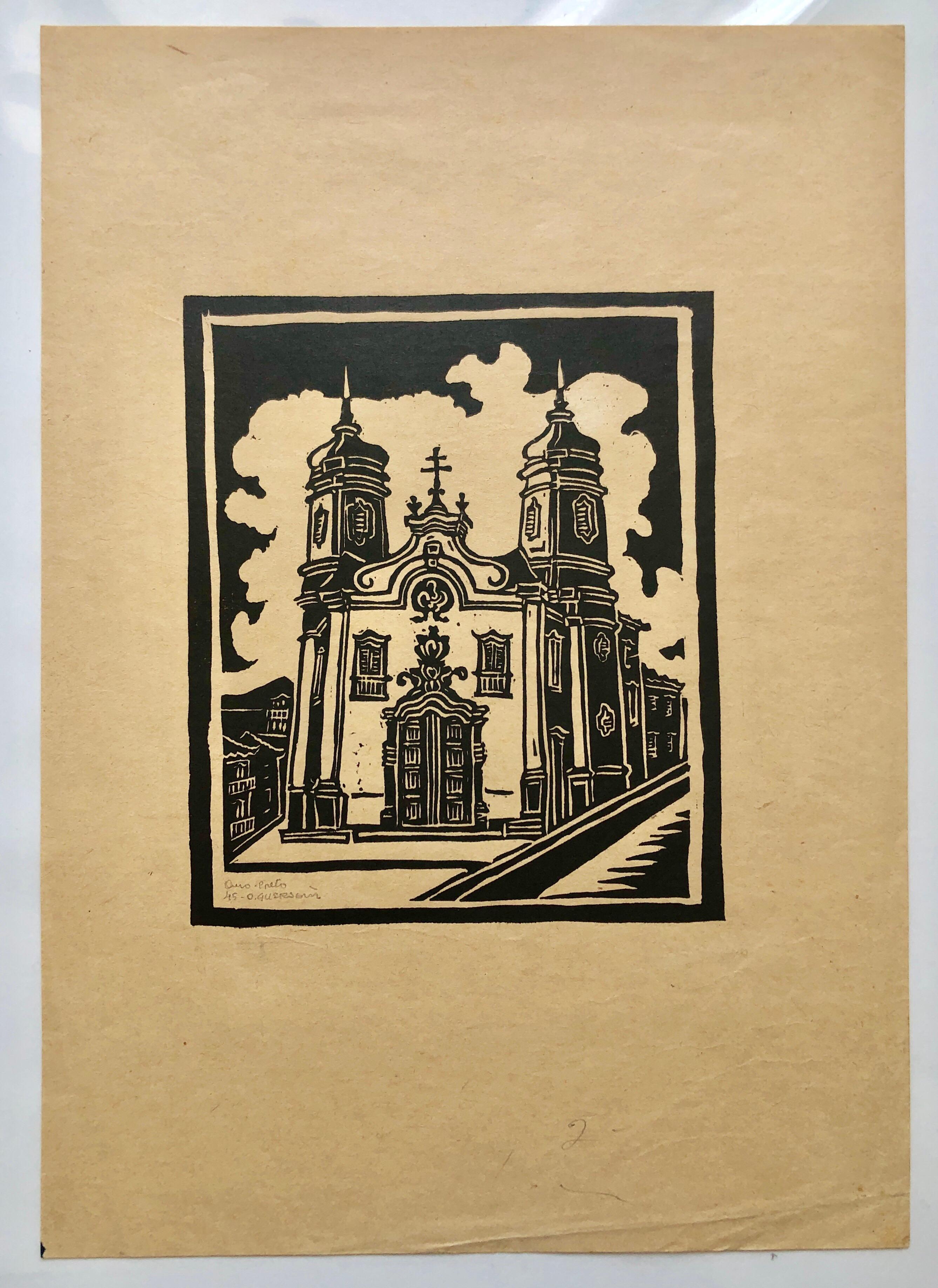 1945 Brasilianischer Meister, Art-déco- Serigraphie Holzschnitt Kolonialarchitektur Mission (Braun), Nude Print, von Odetto Guersoni