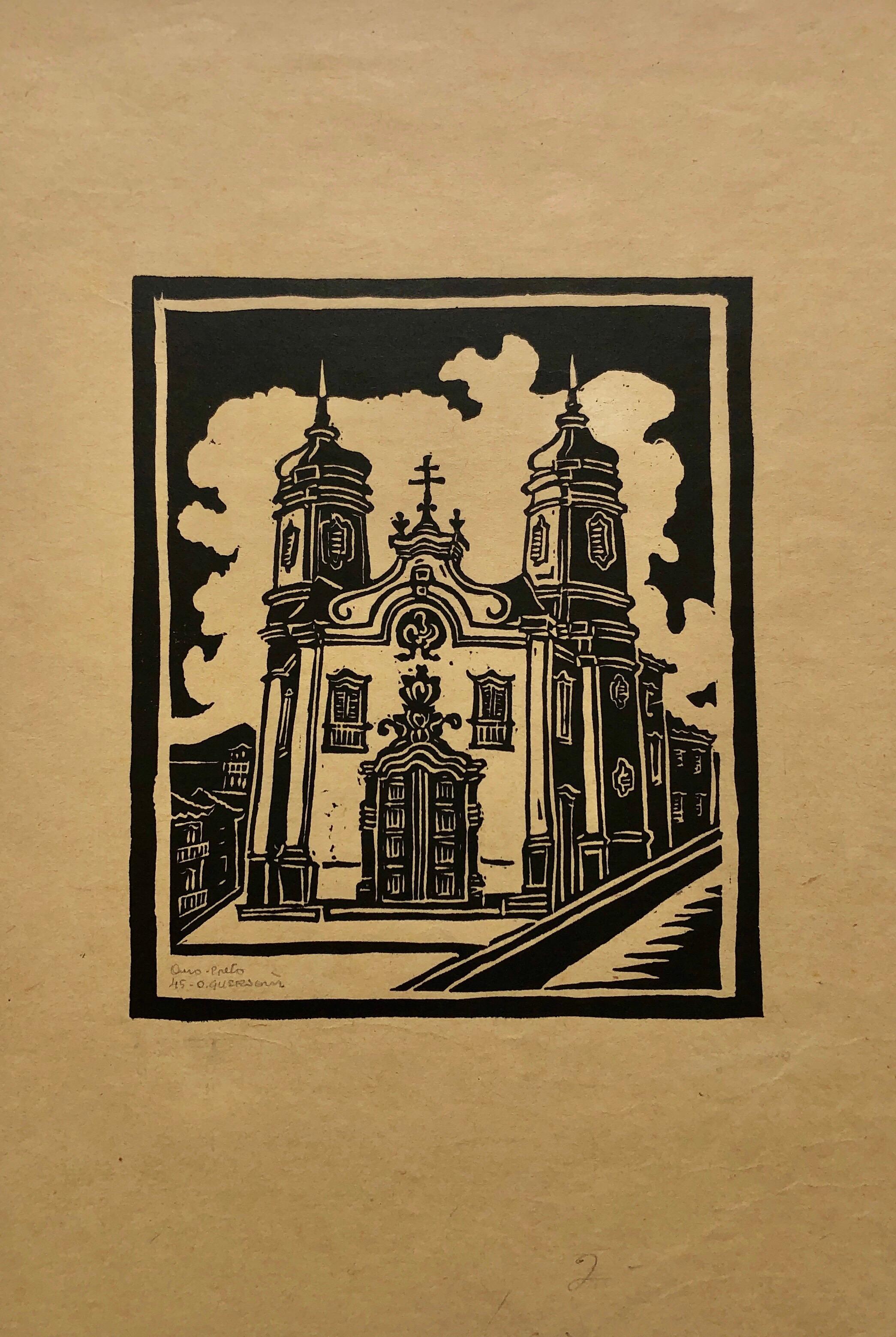 Odetto Guersoni Figurative Print – 1945 brasilianischer Meister, Art-Déco- Serigraphie-Holzschnitt Kolonialarchitektur Mission