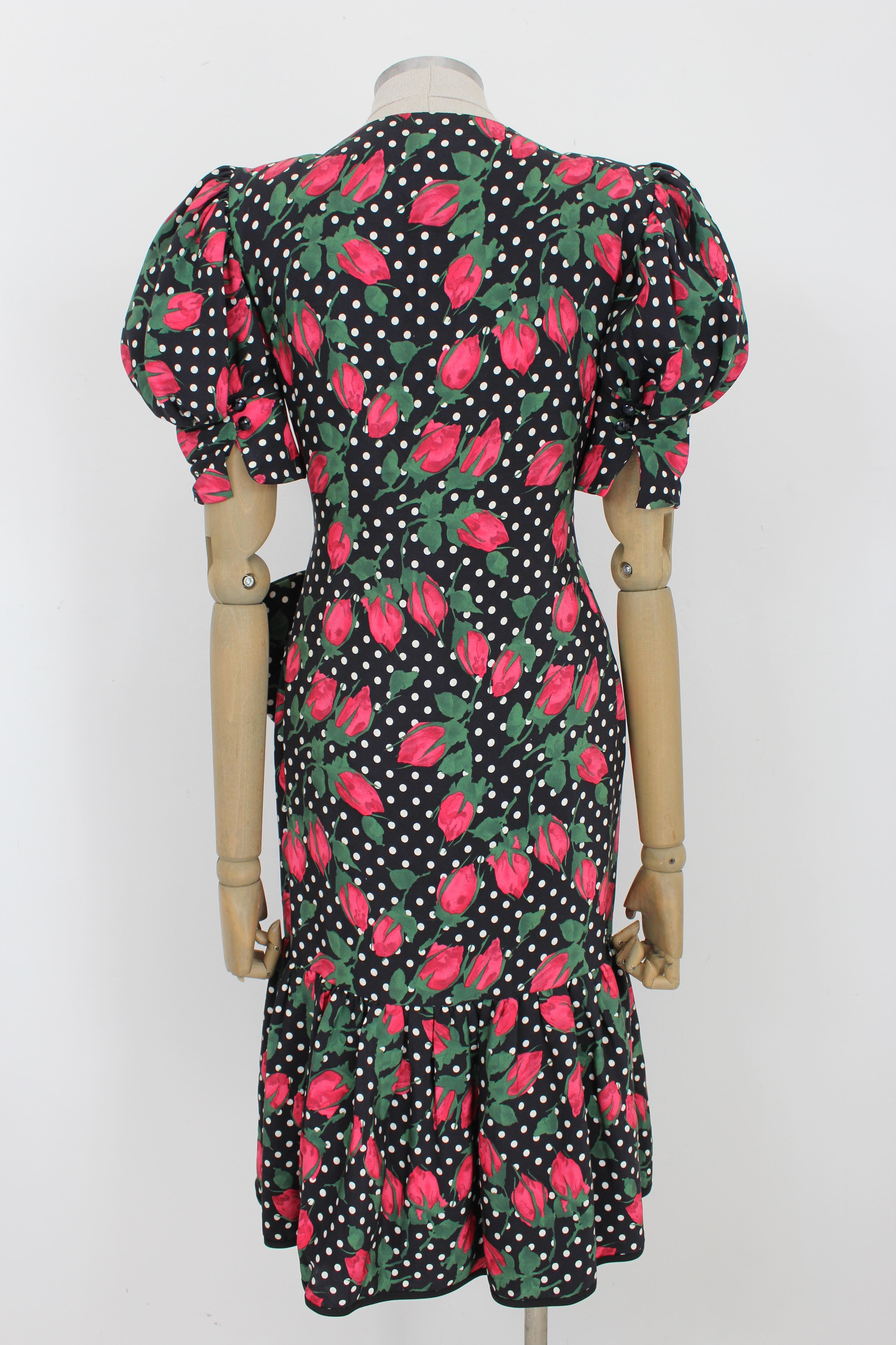 Odicini Black Red Silk Polka Dot Floral Evening Dress In Excellent Condition In Brindisi, Bt
