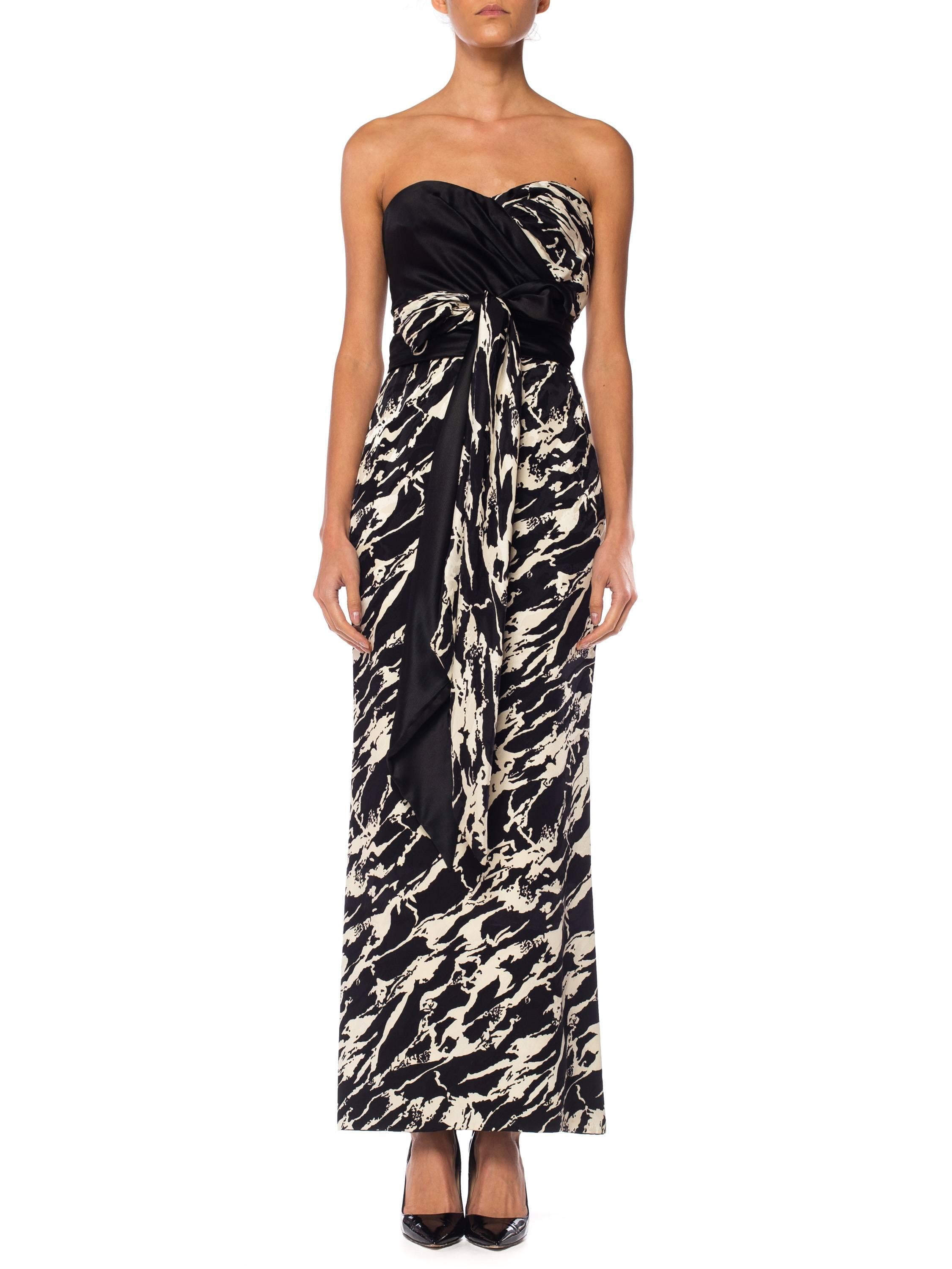 1980S ODICINI COUTURE FOR FRED HAYMAN BEVERLY HILLS Black & White Silk Charmeuse Strapless Gown