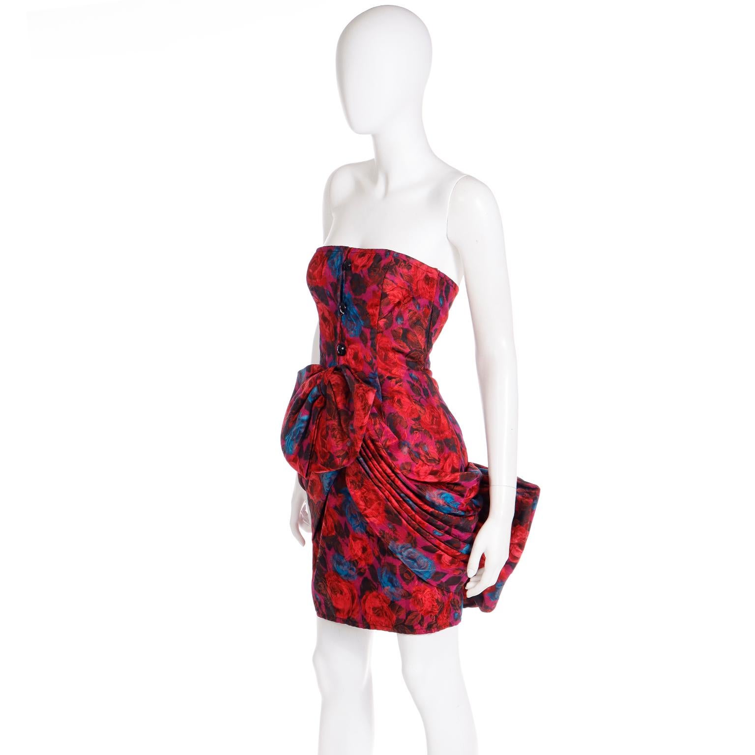 Odicini Couture Vintage Colorful Red Purple & Blue Floral Strapless Mini Dress In Excellent Condition For Sale In Portland, OR