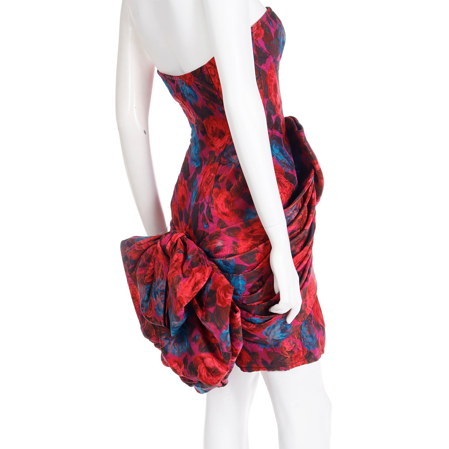 Odicini Couture Vintage Colorful Red Purple & Blue Floral Strapless Mini Dress For Sale 2