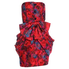 Odicini Couture Retro Colorful Red Purple & Blue Floral Strapless Mini Dress