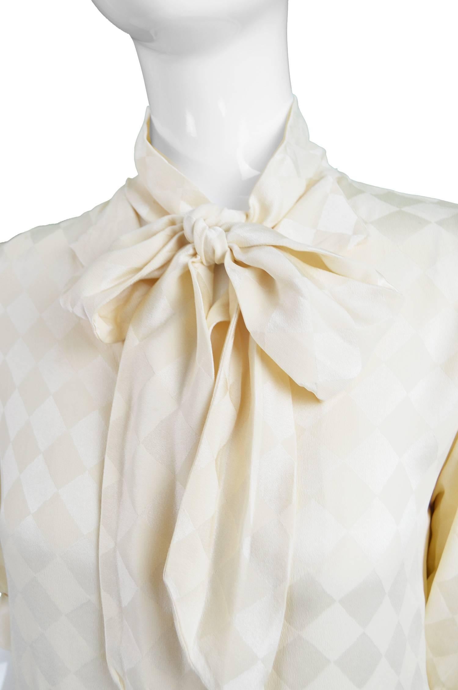 Beige Odicini Vintage Ivory Silk 1980s Pussybow Dress For Sale
