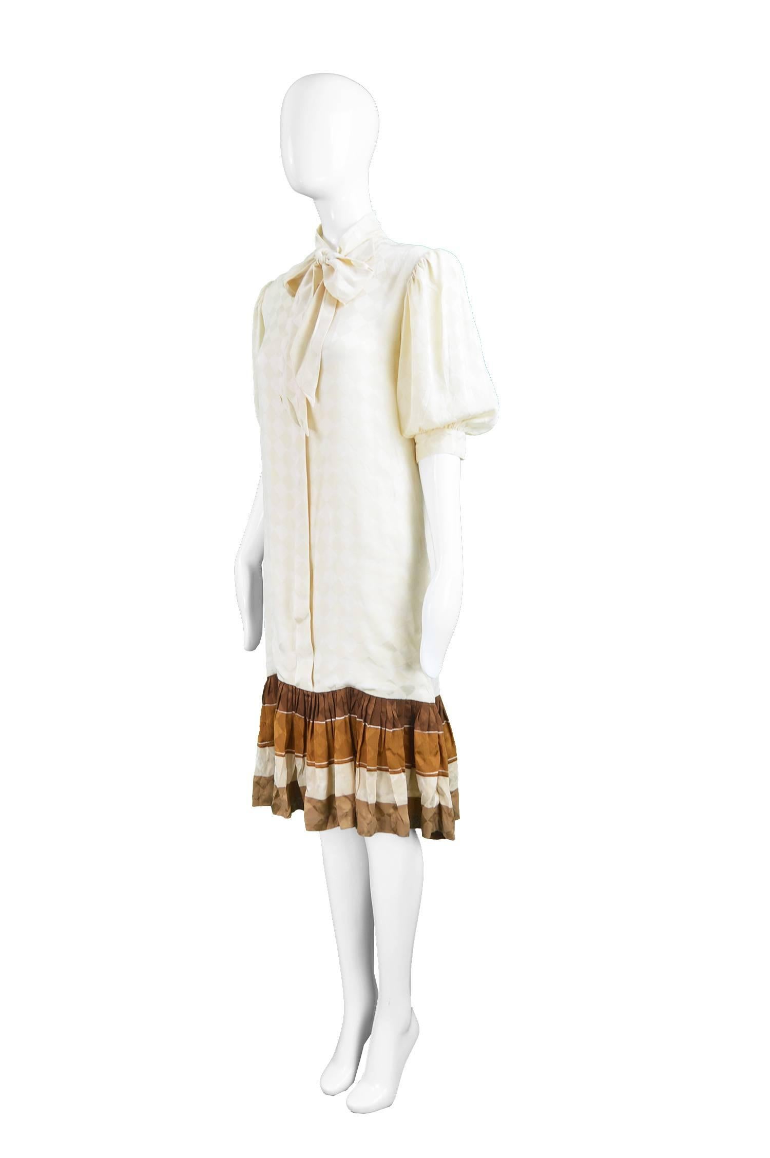 Odicini Vintage Ivory Silk 1980s Pussybow Dress For Sale 1