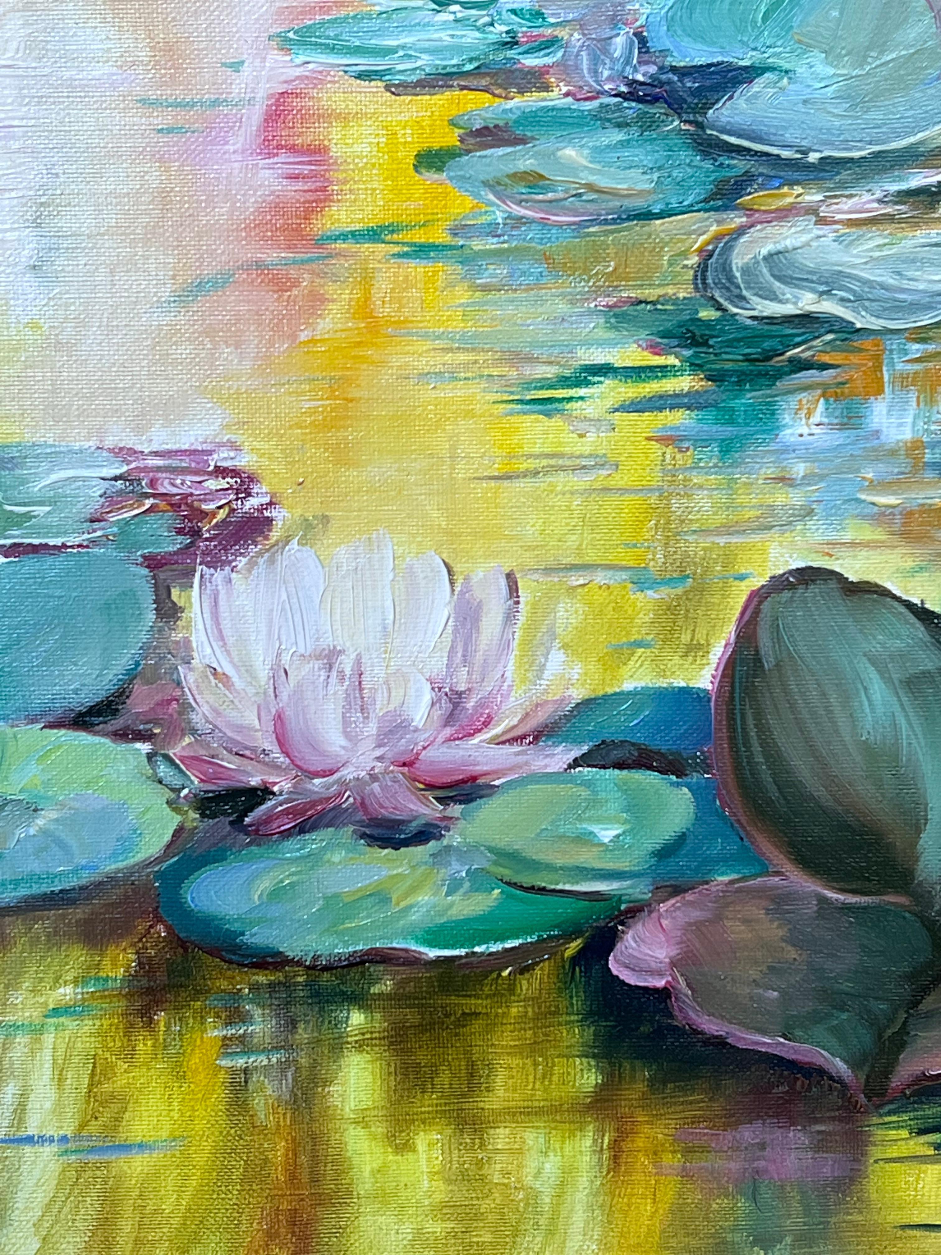 The Waterlily Pond signé, peinture à l'huile française, 20e siècle - Painting de Odile Dechanet