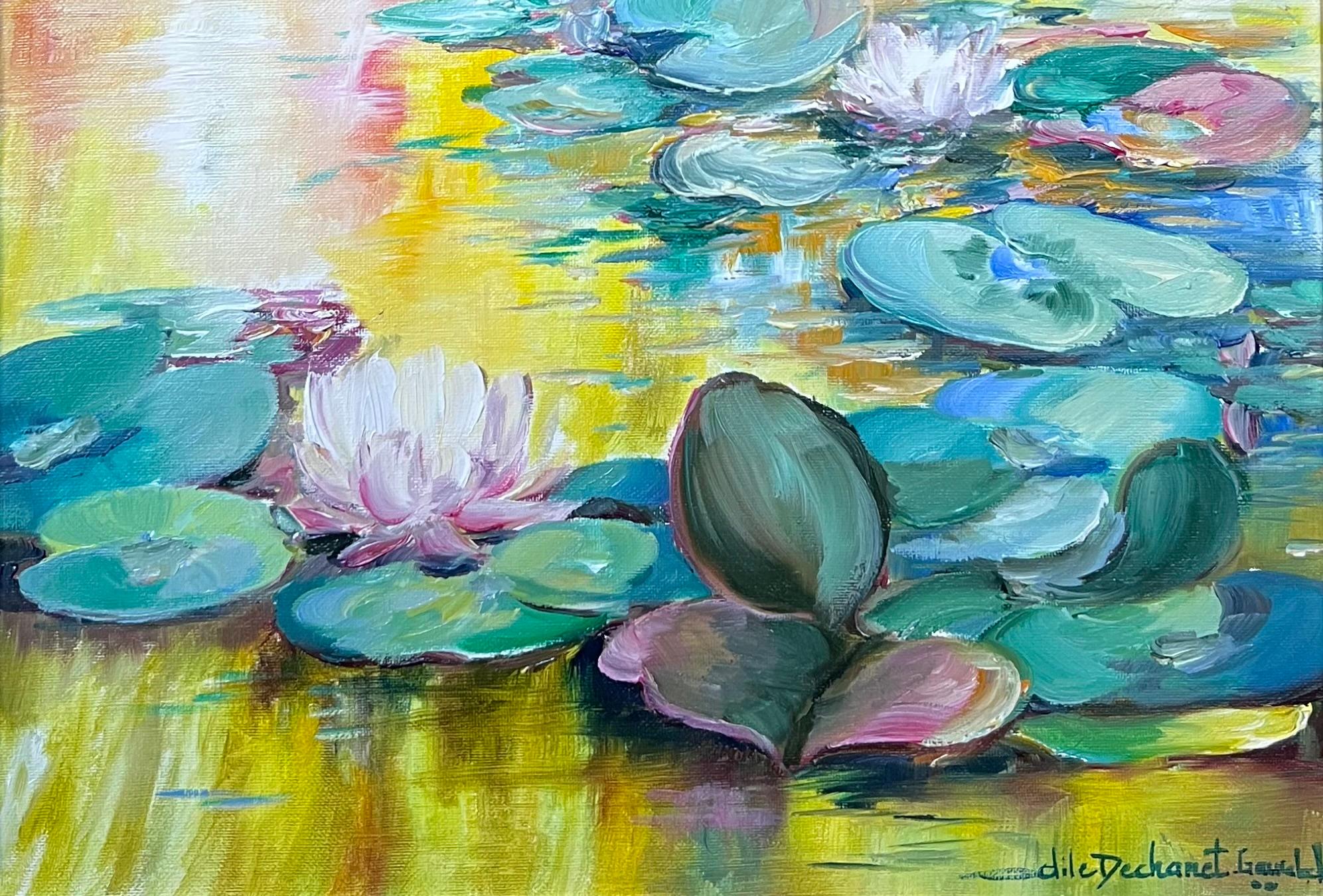 The Waterlily Pond signé, peinture à l'huile française, 20e siècle - Gris Still-Life Painting par Odile Dechanet