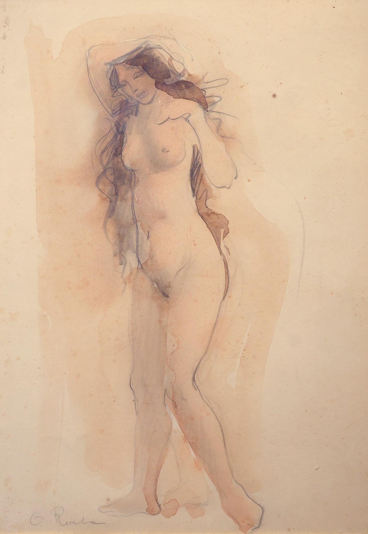 Odilon Roche Nude Painting – Akt, Figural, Aquarell und Gouache, Catalogued Rodins Studio