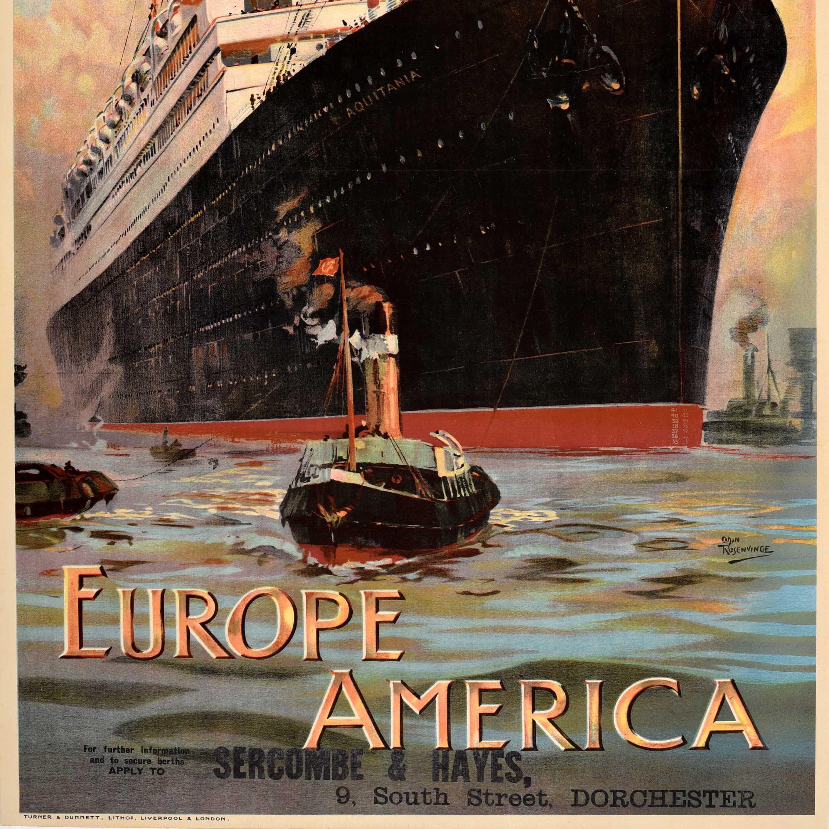 Originales antikes Cunard-Plakat für ihre Europa-Amerika-Transatlantik-Kreuzfahrtroute mit einem atemberaubenden Kunstwerk von Odin Rosenvinge (1880-1957), das den vierflutigen Ozeandampfer RMS Aquitania (1914-1950) zeigt, der auf ruhiger See auf