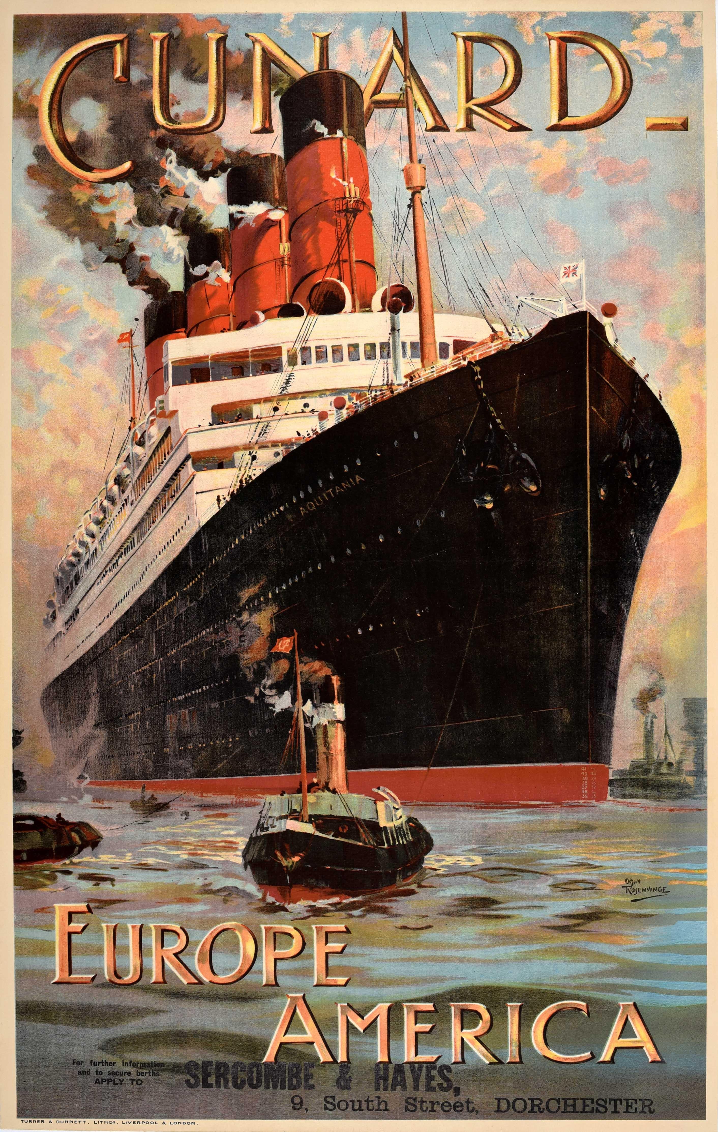 Odin Rosenvinge Print – Original Antike Reise Poster Cunard Europa Amerika Aquitania Rosenvinge Kreuzfahrt
