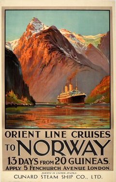 Original Vintage Poster Orient Line Cruises To Norway Fjord Travel Art Cunard US