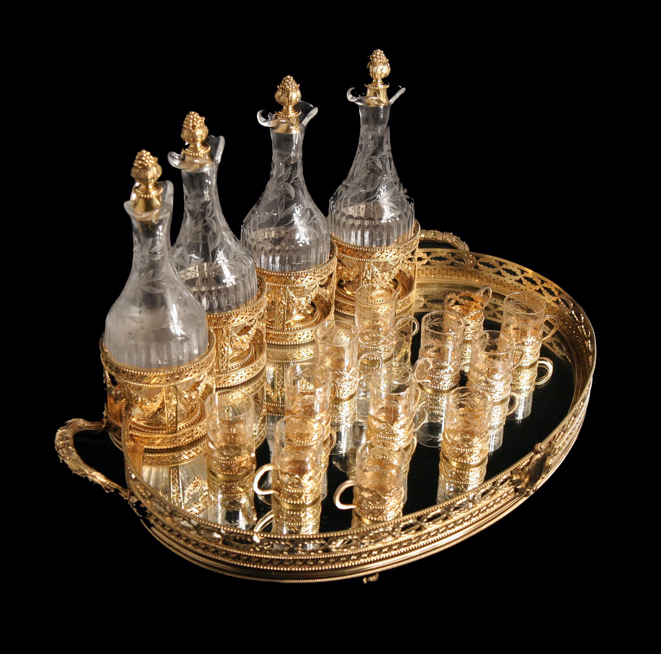 Direct from a Private Chateau in the South of France, A Magnificent 17pc. 19th Century Gold Plated 950 Sterling Silver (Vermeil) Napoleon III Liqueur Serving Set by the World's Premier French Silversmith Jean-Baptiste Odiot, circa late 1890s.  

The