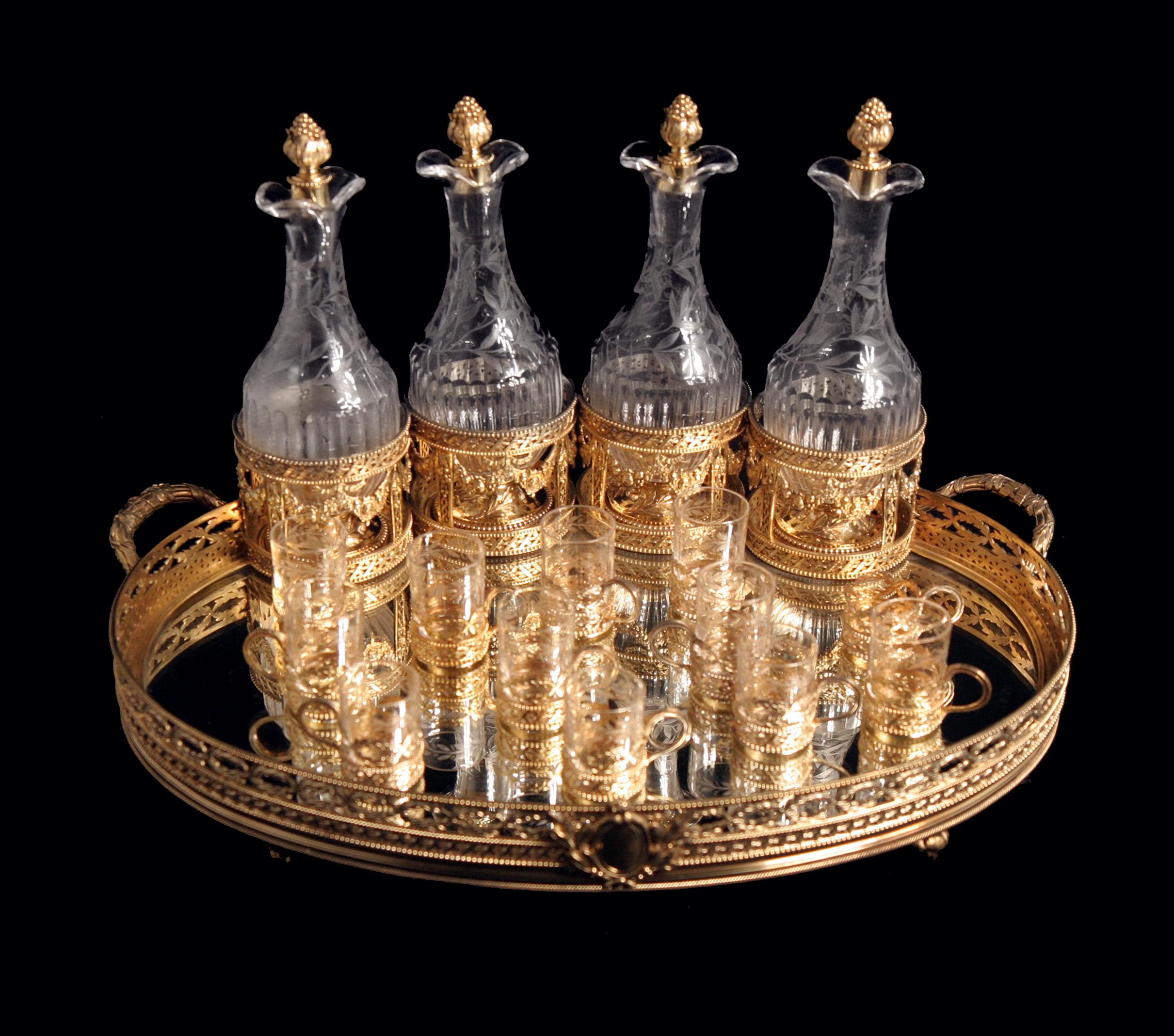 European Odiot - 17pc Napoleon III Gold Plated Sterling Silver (Vermeil) Decanter Set For Sale
