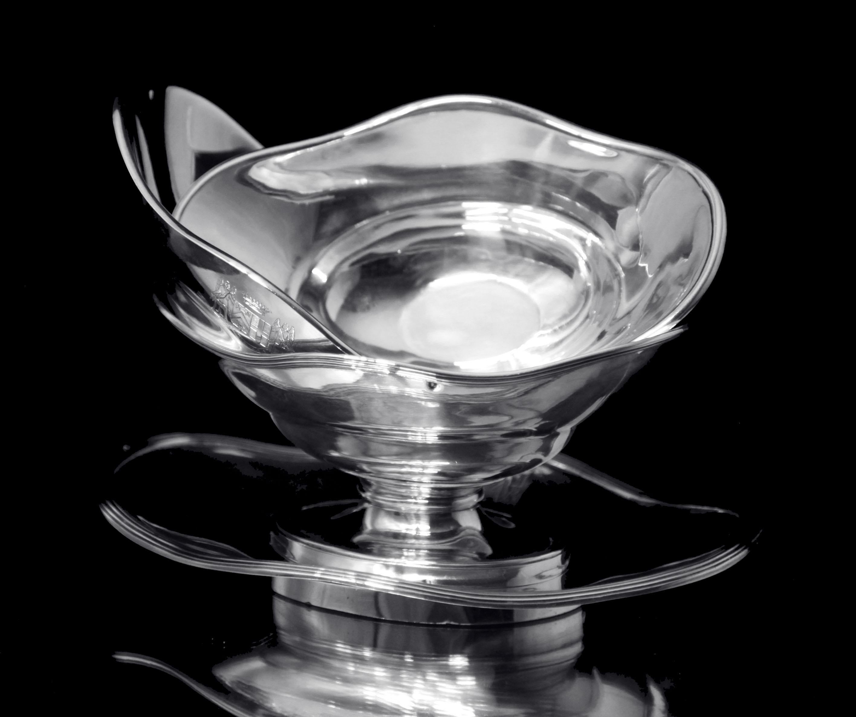 French Odiot - 4pc. 19th Century 950 Sterling Silver Louis XVI Gravy Boat, Noble Crest  For Sale
