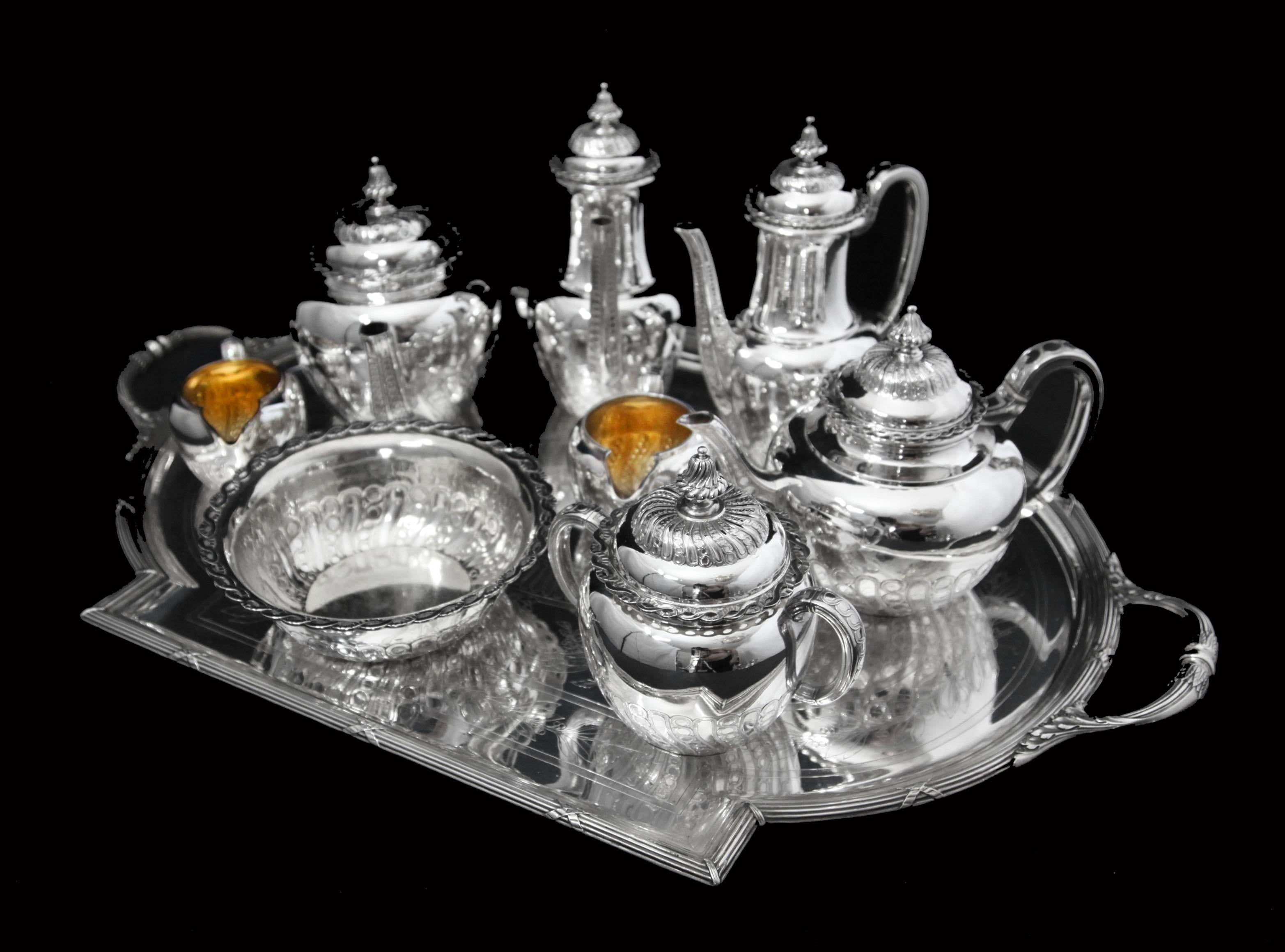 Direct from a Private Mansion in Paris, a Magnificent 9pc. Antique French 950 Sterling Silver Tea Set by the World's Premier French Silversmith Jean-Baptiste Odiot, plus 6 Faberge Imperial Egg Collection Espresso Cups and Saucers in Limoges