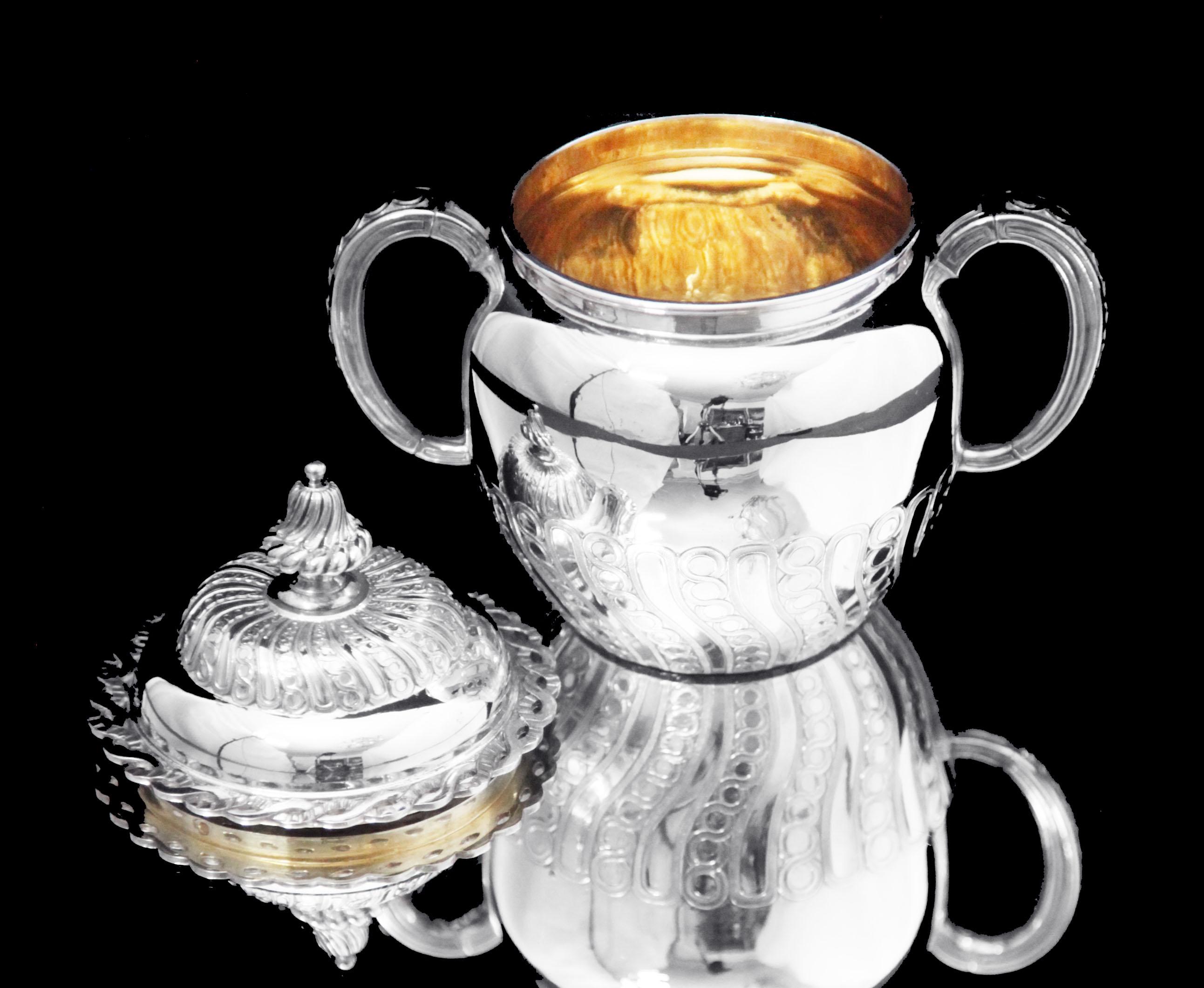 Odiot & Faberge - 9pc. French 950 Sterling Silver Tea Set + 6 Faberge Cups For Sale 1