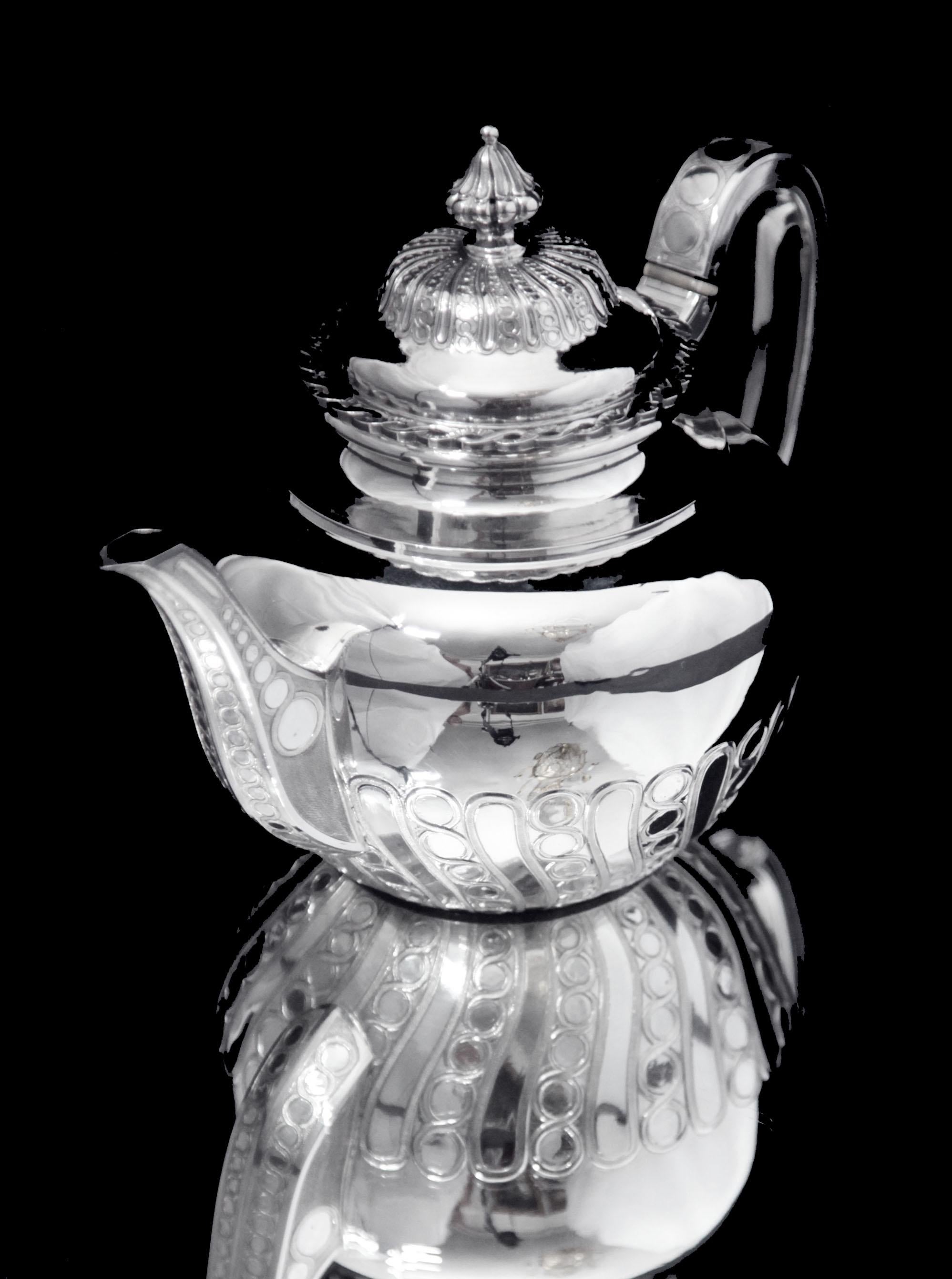 Odiot & Faberge - 9pc. French 950 Sterling Silver Tea Set + 6 Faberge Cups For Sale 3